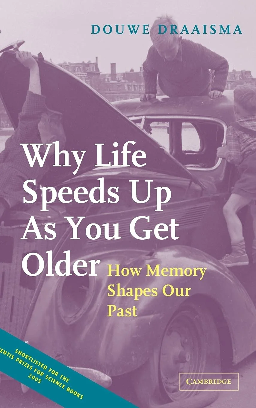 Book cover titled "Why Life Speeds Up As You Get Older: How Memory Shapes Our Past" by Douwe Draaisma. The background shows three children around an old-fashioned car, with a cityscape in the distance.