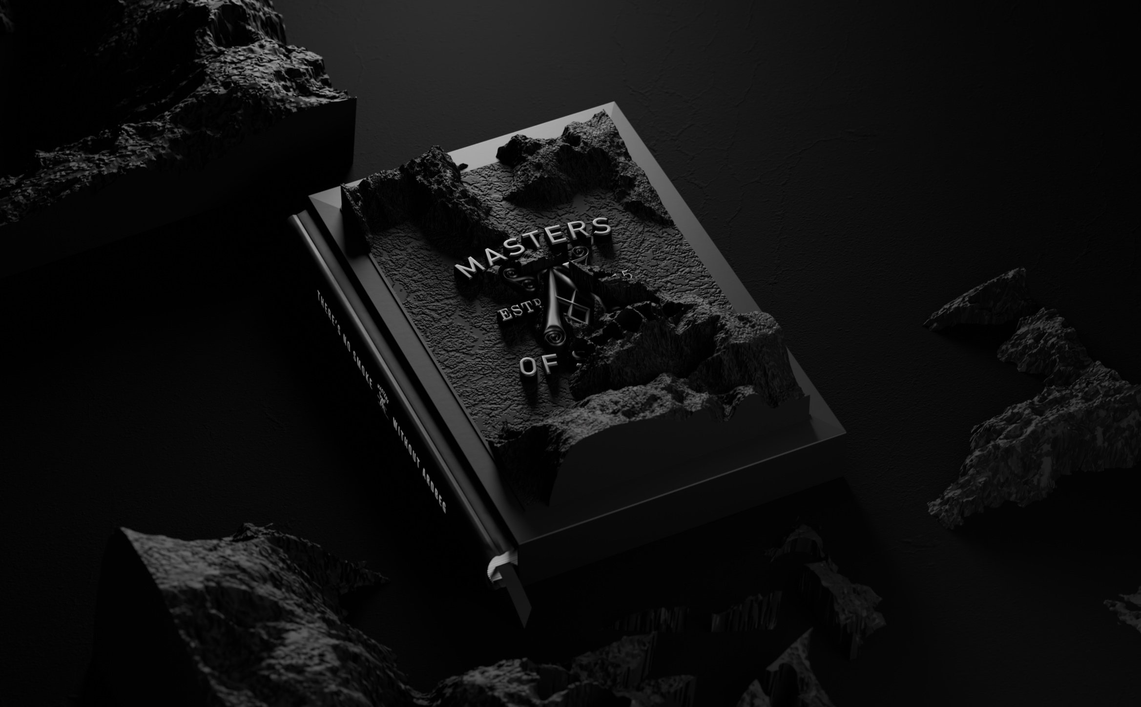 A black and white photograph of a book titled 'Masters of Smoke' with a cover featuring a textured landscape and rock formations, surrounded by scattered rocks on a dark surface.