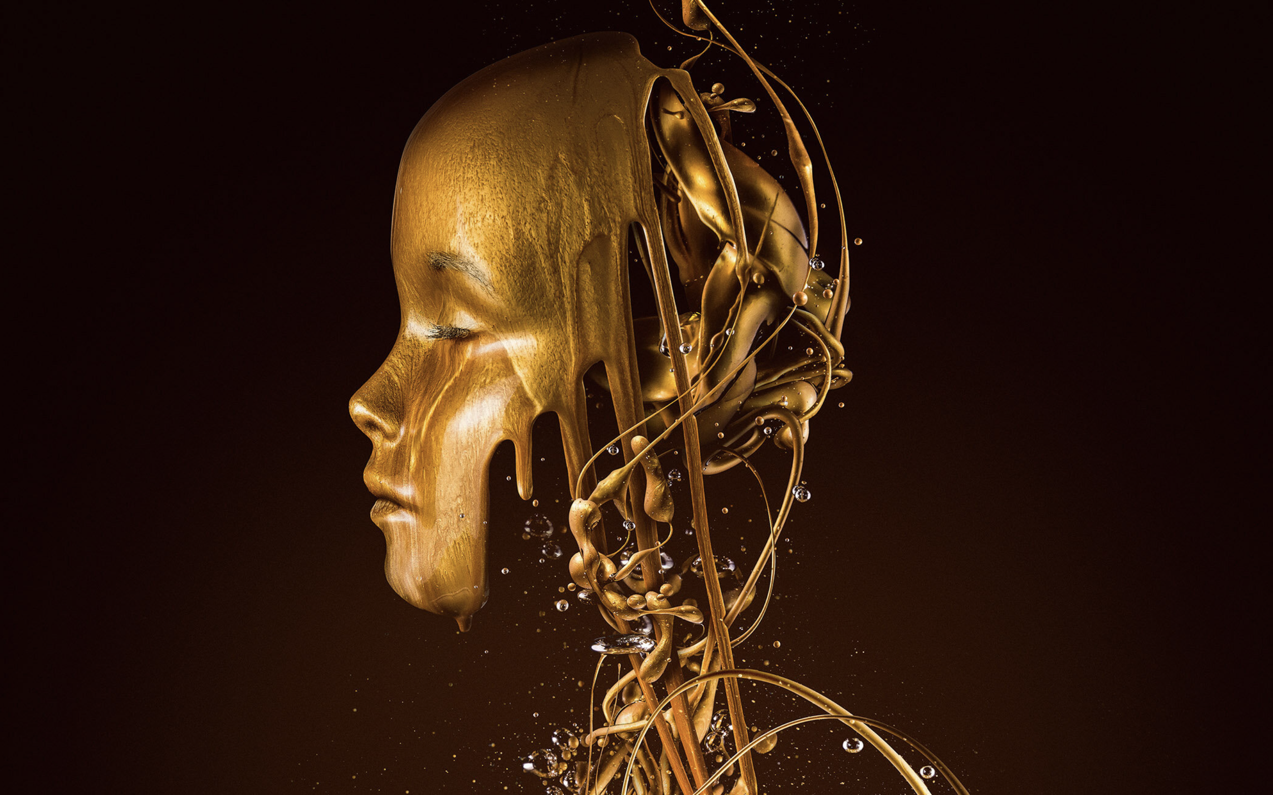 A surreal digital artwork of a golden human face profile blending into abstract golden shapes and lines against a dark background.