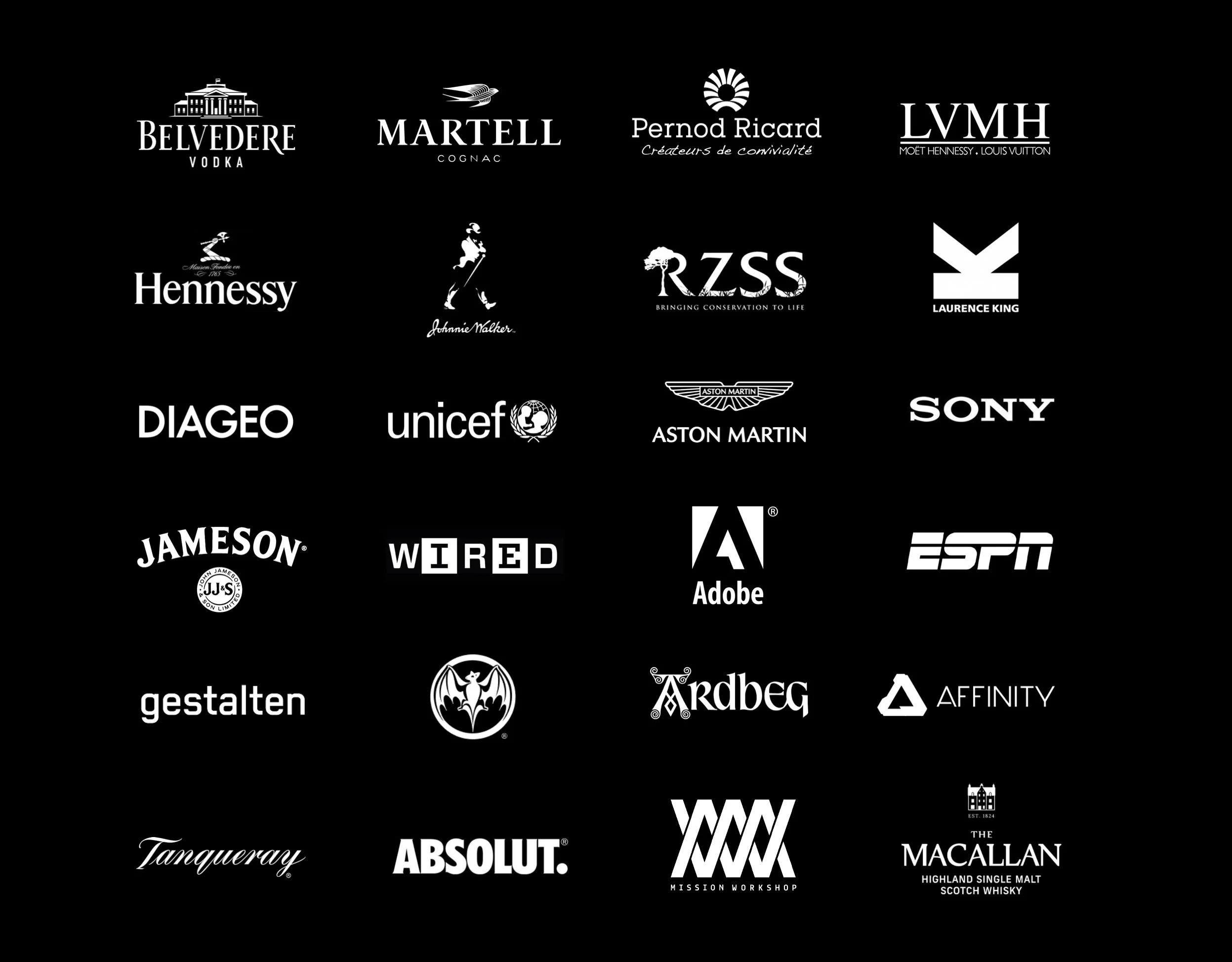Collection of various brand logos on a black background, including Belvedere vodka, Martell cognac, Pernod Ricard, LVMH, Hennessy, Johnnie Walker, RZSS, Laurence King, Diageo, UNICEF, Aston Martin, Sony, Jameson, Wired, Adobe, ESPN, Gestalten, Ardbeg, Affinity, Tanqueray, Absolut, Mission Workshop, and The Macallan Scotch whisky.
