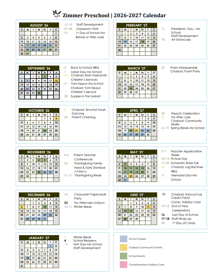 Zimmer Preschool 2026-2027 academic calendar with months, holidays, and events marked, including staff development, school closures, and special celebrations.