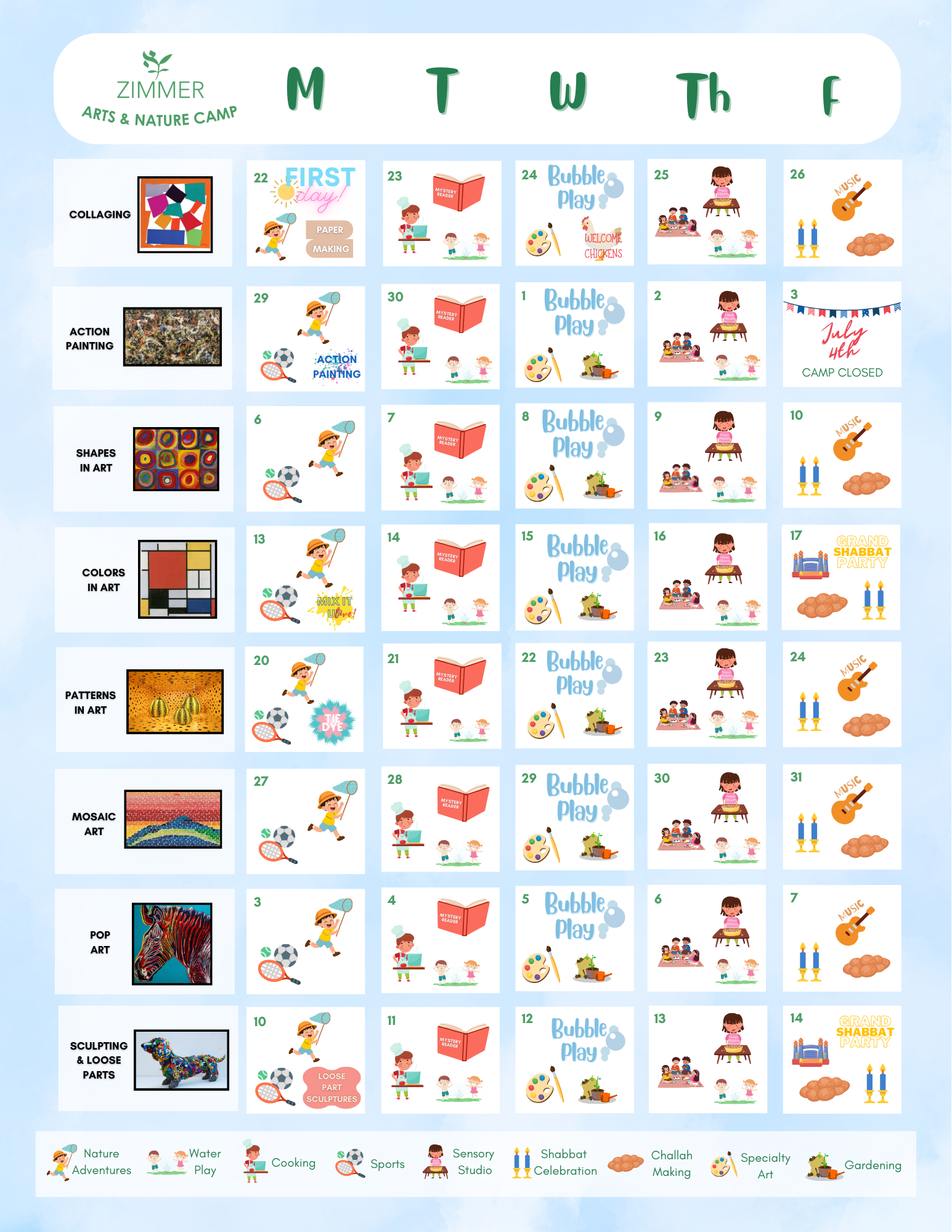 Weekly activity calendar for ZIMMER Arts & Nature Camp, showing activities such as collaging, action painting, shapes in art, colors in art, patterns in art, mosaic art, pop art, sculpting, and loose parts, with a recurring bubble play activity each day from Tuesday to Saturday.