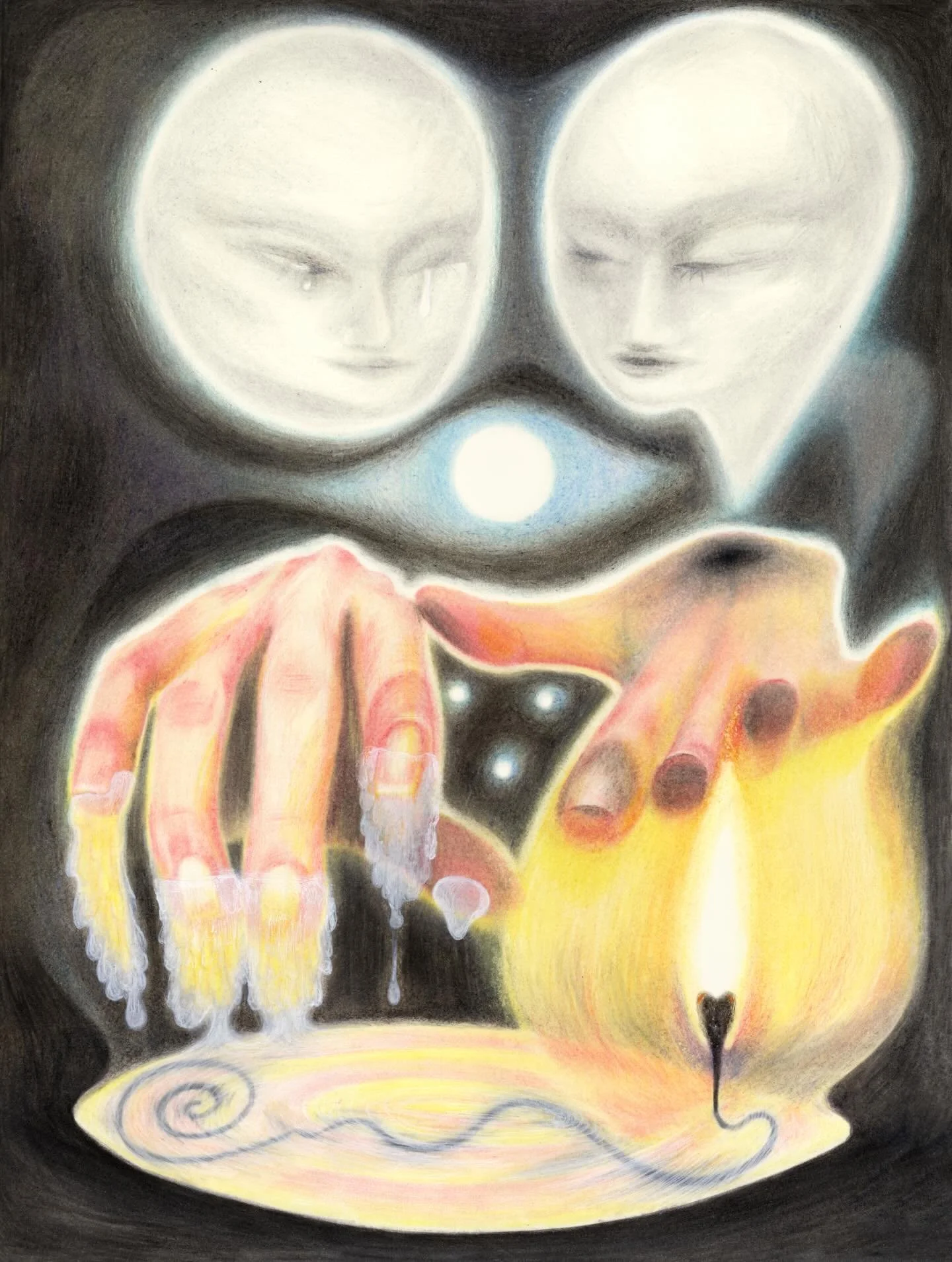 Agonizing Encounter 🌚 Through this series, 𝔬𝔣𝔣-𝔪𝔢𝔡𝔰 𝔣𝔞𝔦𝔯𝔶𝔱𝔞𝔩𝔢, I explore the edges of my consciousness, reality, and imagination. The aim is to bring intuition to the forefront, to listen to it, and to give it free rein. Feelings of 