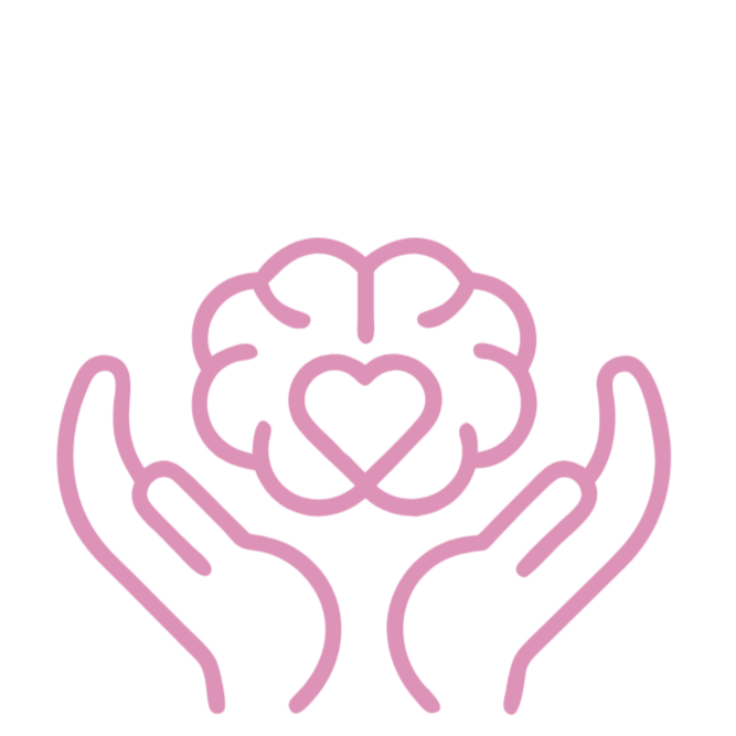 Pink line drawing of two hands holding a brain with a heart inside, symbolizing mental health or care.