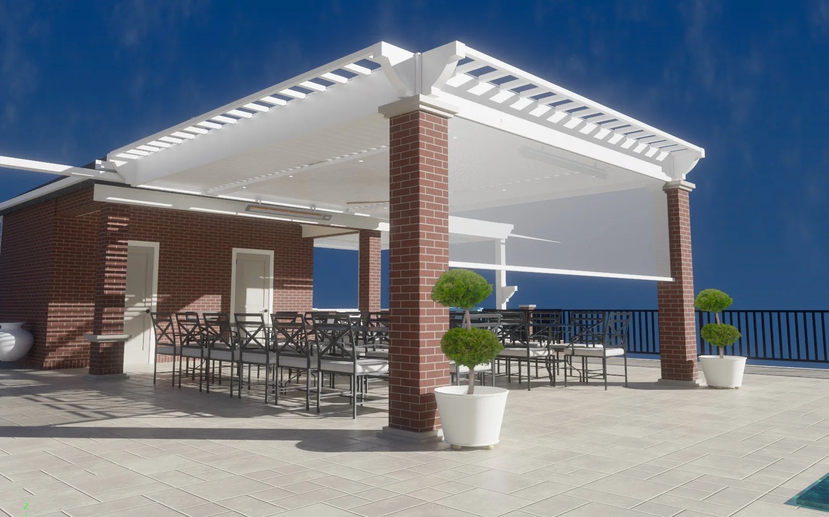 An outdoor dining area with a red brick building, metal chairs, and tables under a white pergola on a tiled patio, with potted plants and a navy blue railing against a clear blue sky.
