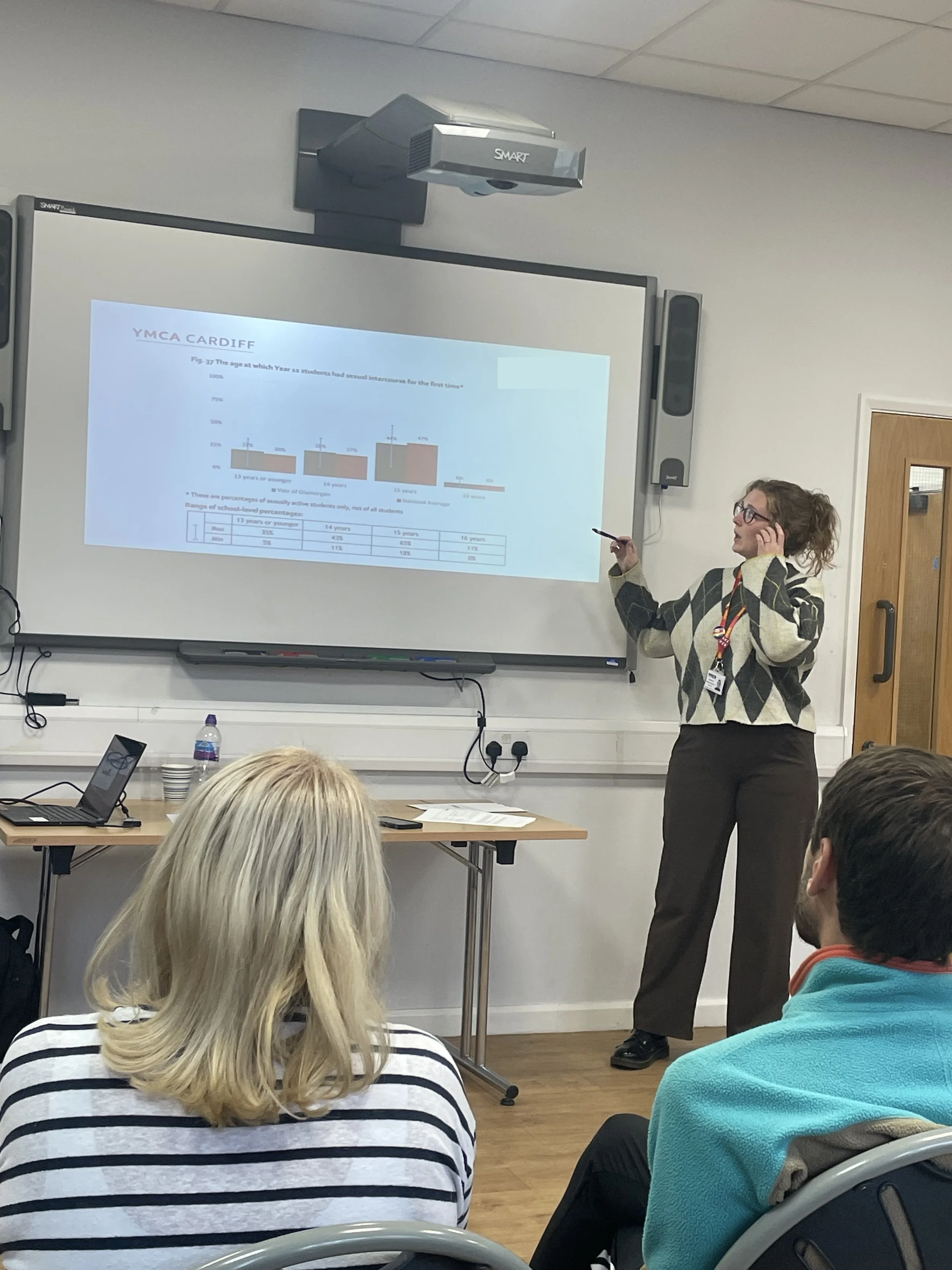 Sarah Peart delivering RSE teacher training session presenting sexual health data to school staff