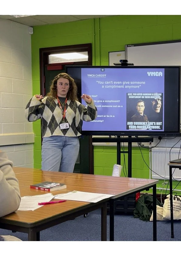 Sarah Peart delivering a toxic masculinity and healthy relationships session to young people in a school workshop