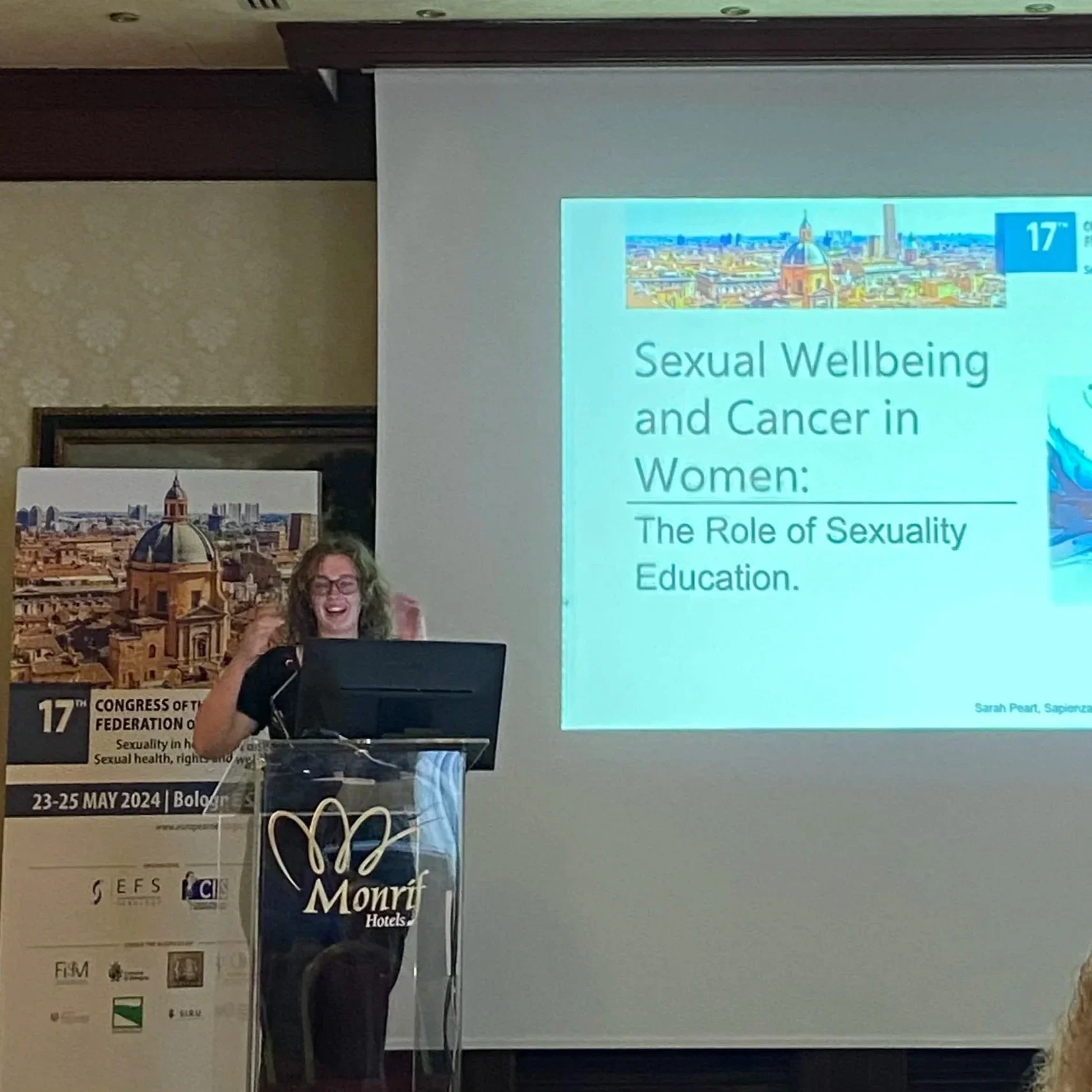 Sarah Peart presenting research on sexual wellbeing and cancer in women at the European Federation of Sexology Congress in Bologna