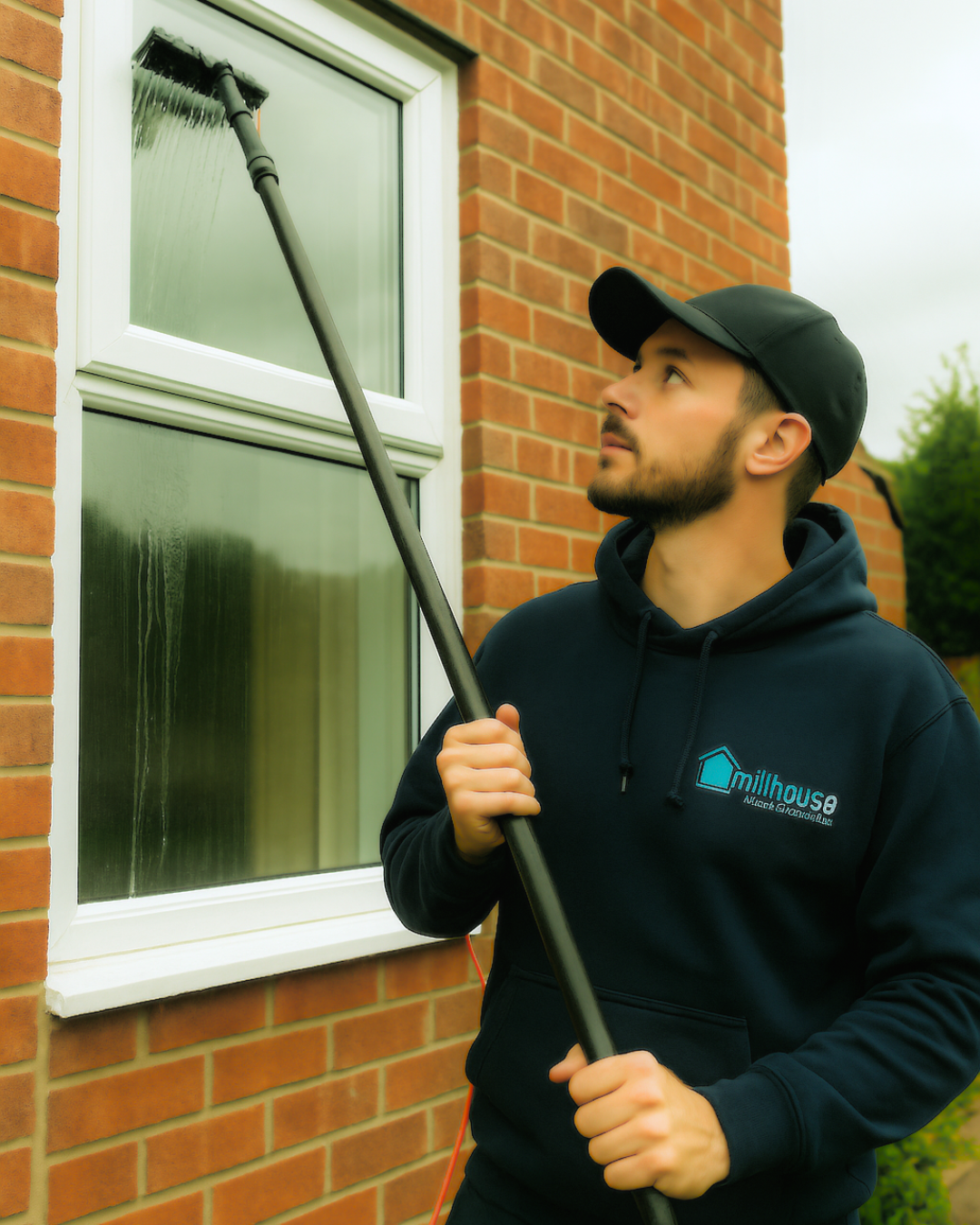 A man in a blue hoodie and cap with the "Millhouse Window Cleaning Franchise" logo using a water-fed pole to clean a window on a brick house.