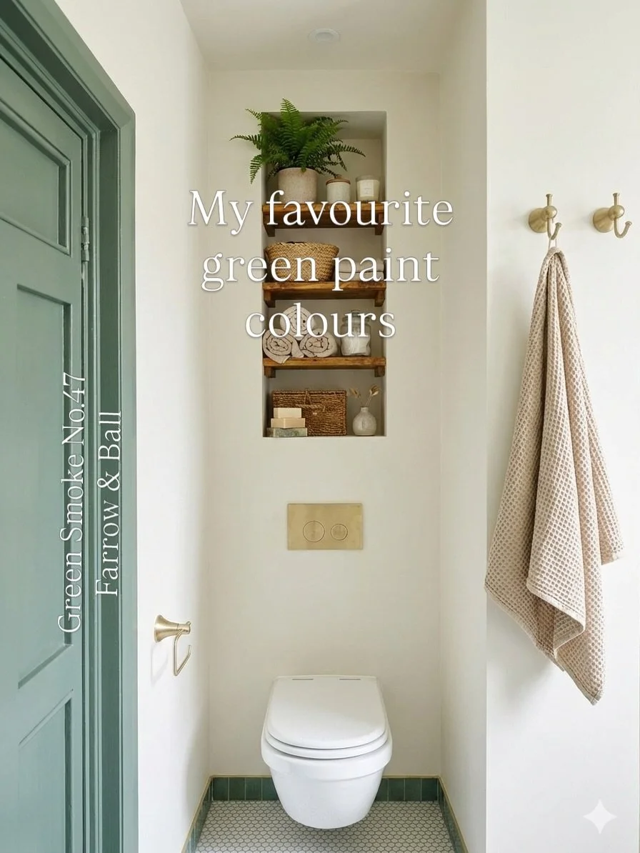 Here are a few of my favourite green paints I have used. 

1. Green Smoke No.47 @farrowandball - A smoky green blue evoking calm and serenity.

2. The Tobacconist, @Coatpaints - A deep olive green with yellow undertones. 

3. Jojo&rsquo;s Green @coat