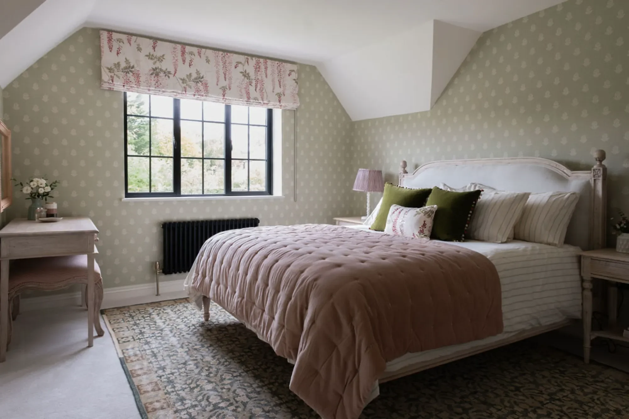 Bedroom with eaves, wallpaper Michelle Shakallis Interiors Kent.webp