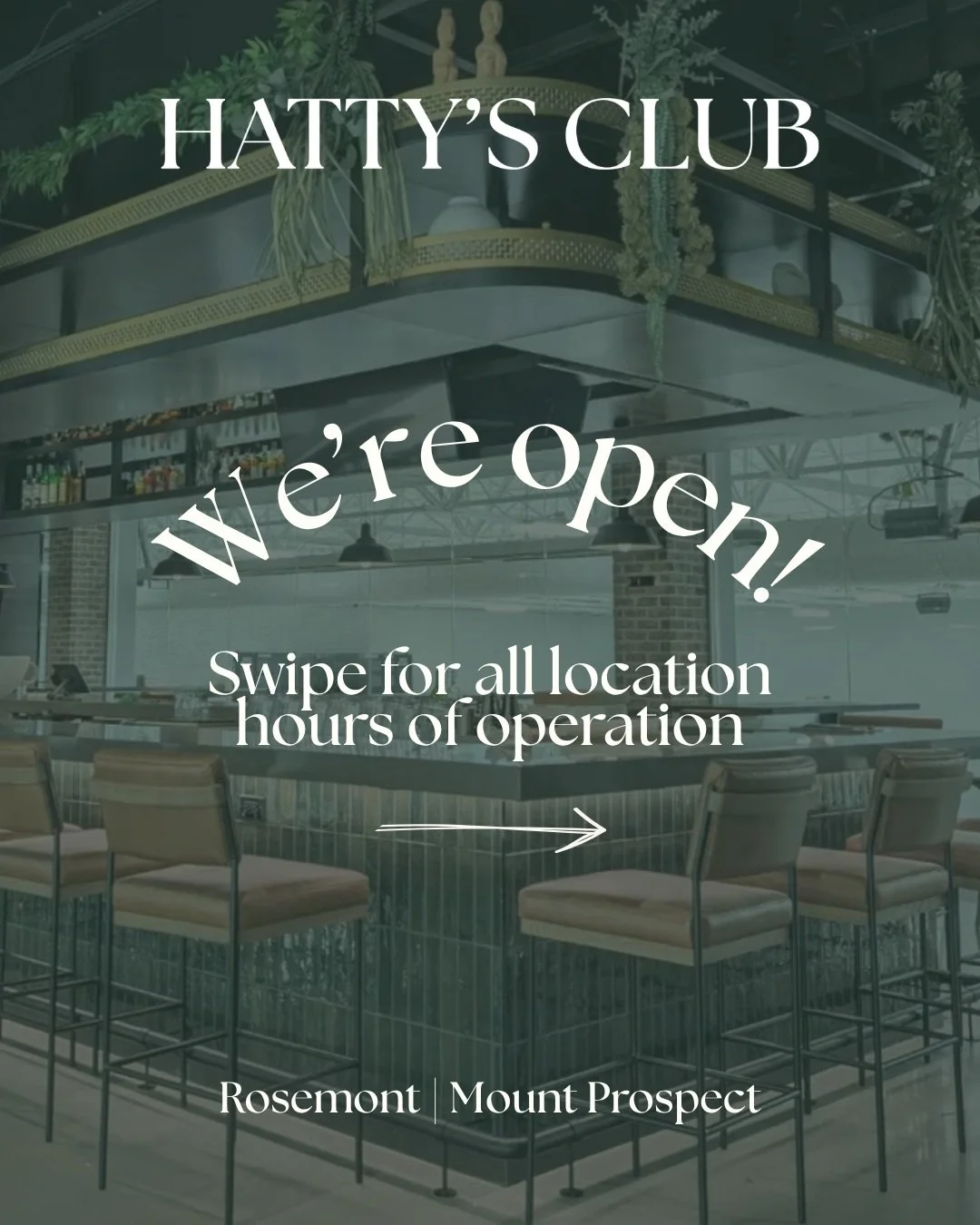 Hey Hatty's Club fans! Swipe to see all hours of operation at each of our locations 👏
 
📍Rosemont
Monday - Friday 4 - 10 PM
Saturday 3 PM - 10 PM 
Sunday 3 PM - 9 PM
 
📍The Market at Rosemont 
Monday - Friday 3 PM - 9 PM
Saturday 10 AM - 6 PM
Sund