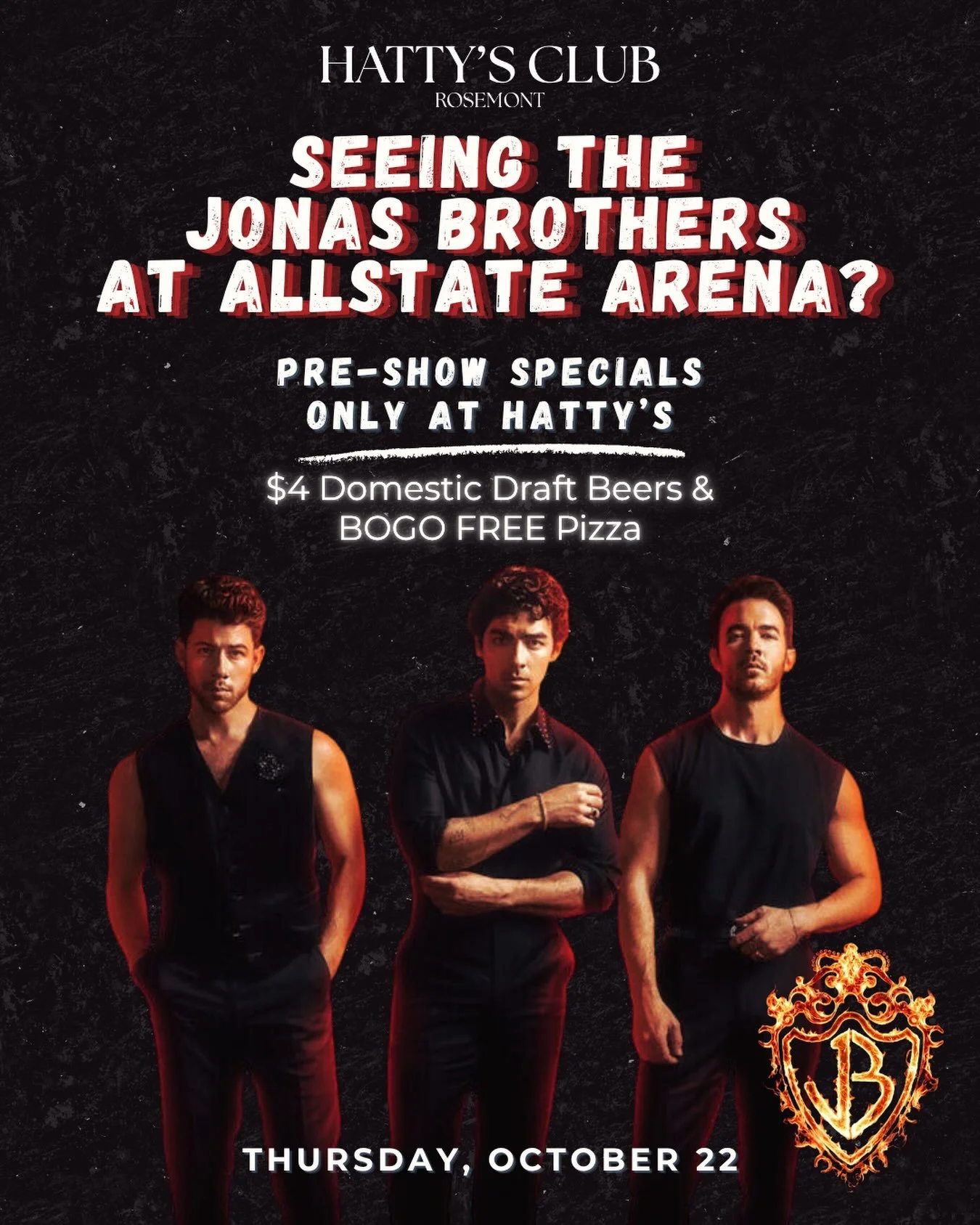 Attention all @jonasbrothers fans 🔥 If you&rsquo;re planning on heading to their concert October 22, hang with us before the show! We&rsquo;re just a 5 minute walk to @theallstatearena 👏

Pre-Show Specials 
🍺 $4 Domestic Draft Beers
🍕 BOGO FREE P