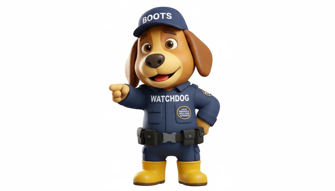 Animated dog character dressed as a police officer, wearing a blue hat with 'BOOTS' on it, a blue uniform with 'WATCHDOG' on the front, yellow boots, and a utility belt, pointing forward.