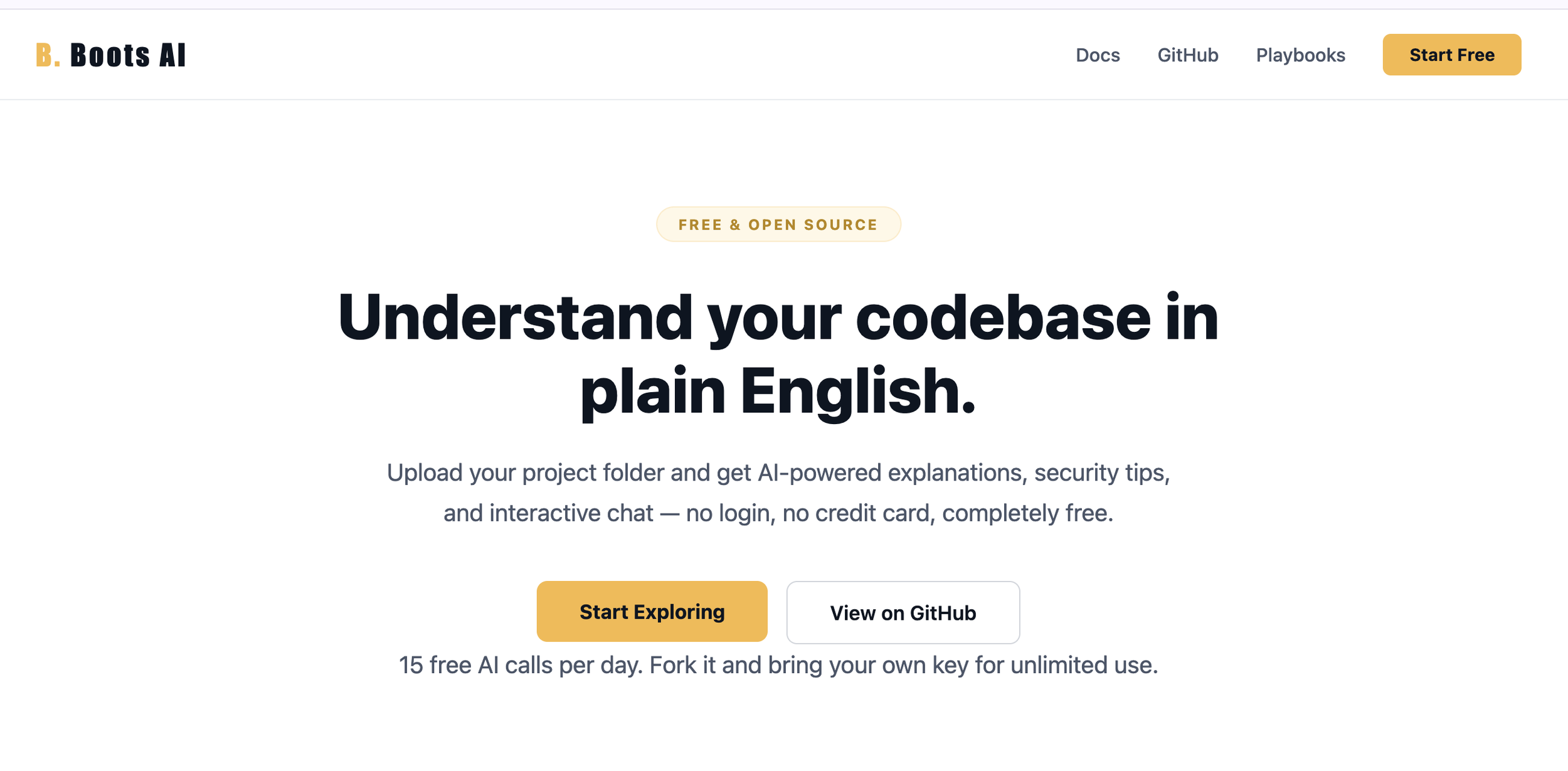 Boots AI homepage banner with the headline "Understand your codebase in plain English" and buttons labeled "Start Exploring" and "View on GitHub."