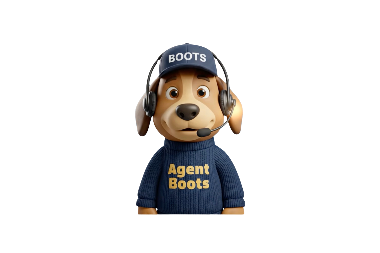 Animated dog character wearing a navy blue sweater with 'Agent Boots' written on it, a matching navy blue cap with 'Boots' written on it, and a headset with a microphone.