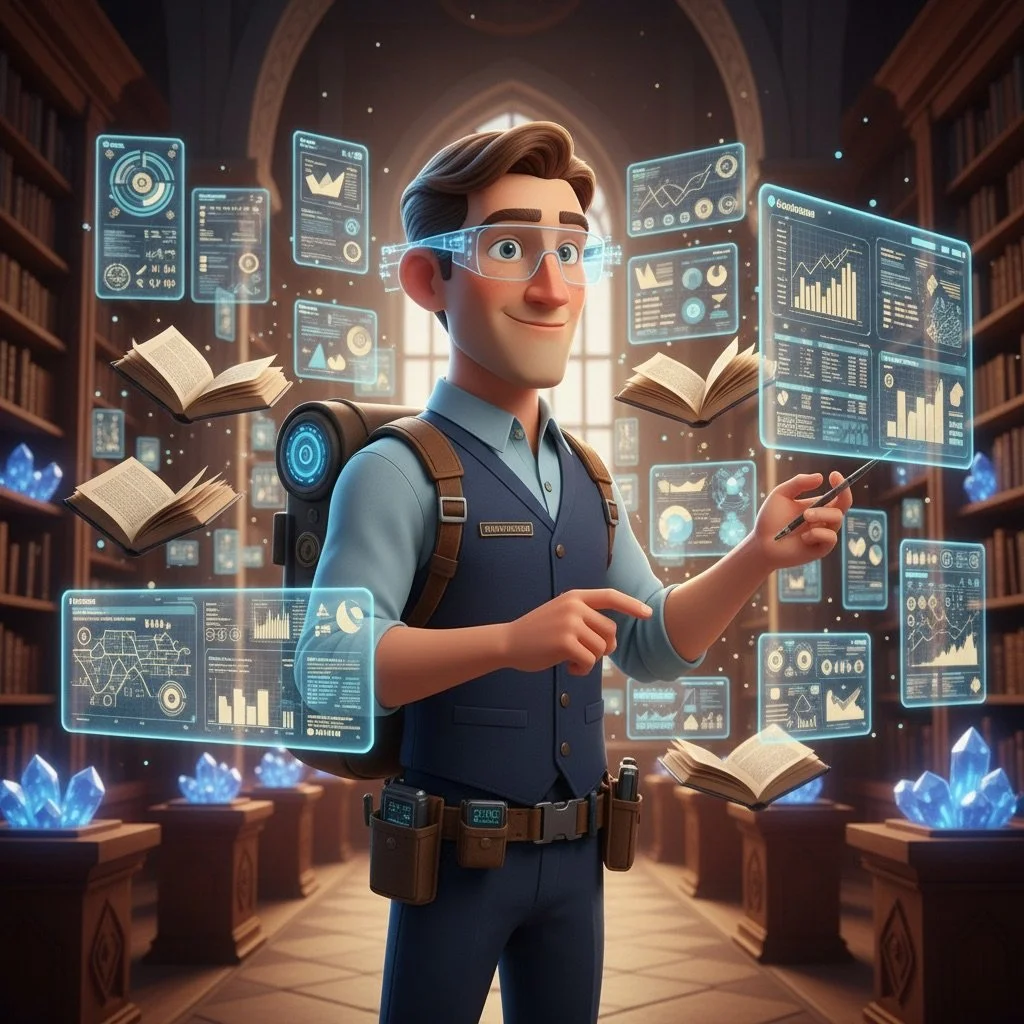 A animated character of a young man in a library, wearing glasses and a light blue shirt, surrounded by floating digital holographic screens with charts, graphs, and data, as if interacting with augmented reality technology.
