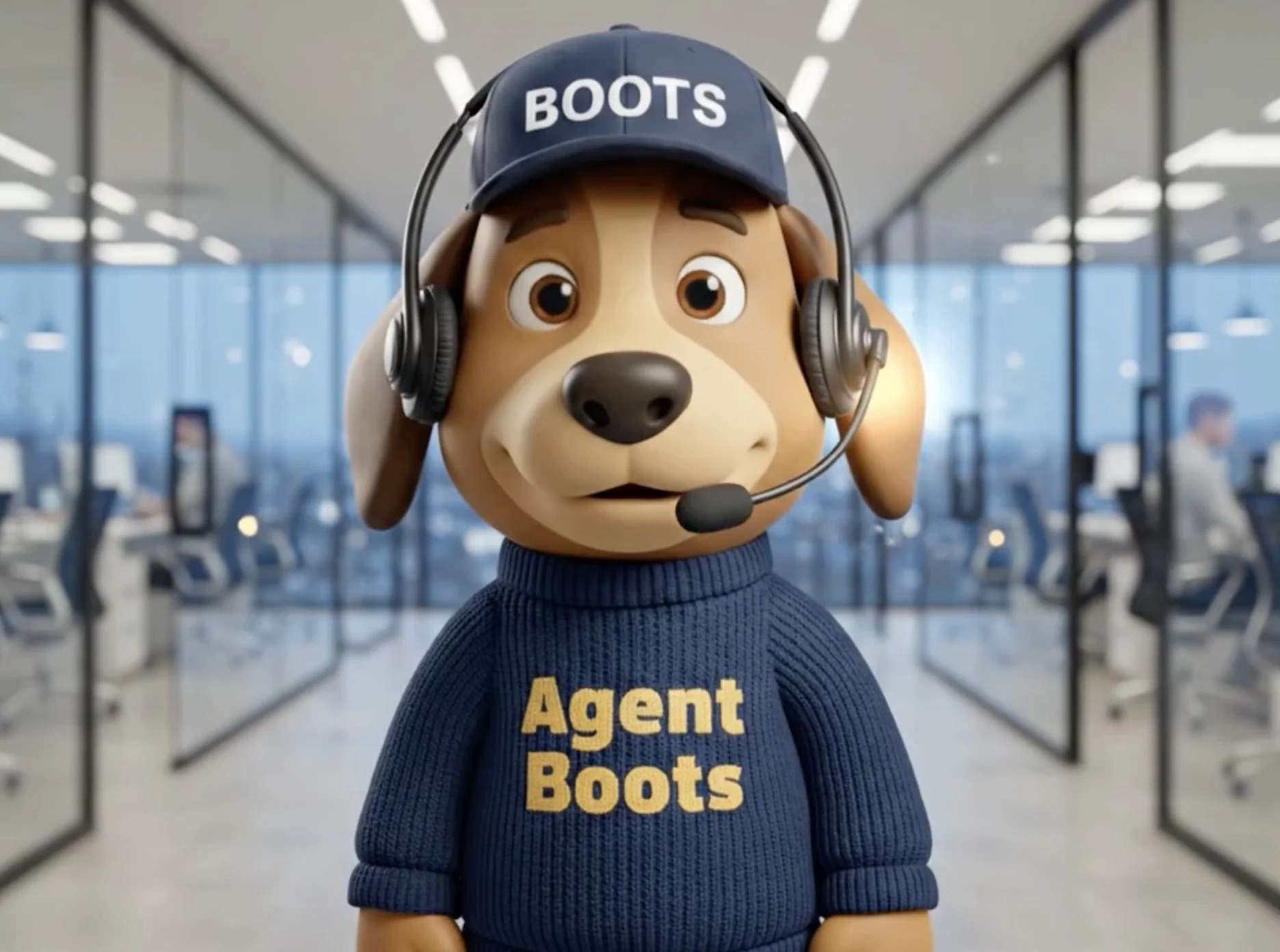 Animated dog wearing a navy blue cap with 'BOOTS' written on it, a matching sweater with 'Agent Boots' embroidered, and a headset, standing in a modern office environment.