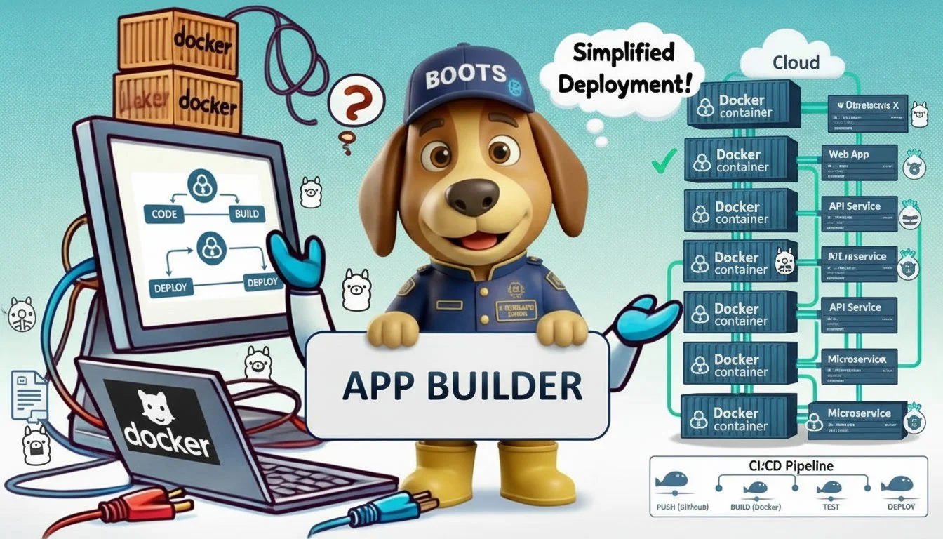 Illustration of a cartoon dog dressed as a police officer holding a sign that says 'APP BUILDER,' surrounded by Docker containers, a computer laptop, and robotic arms, depicting simplified app deployment using Docker containers and a CI/CD pipeline.