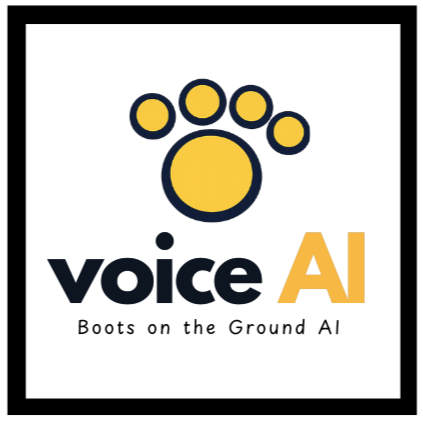 Logo with a large yellow paw print above the words 'Voice' and 'AI' in stylized text.