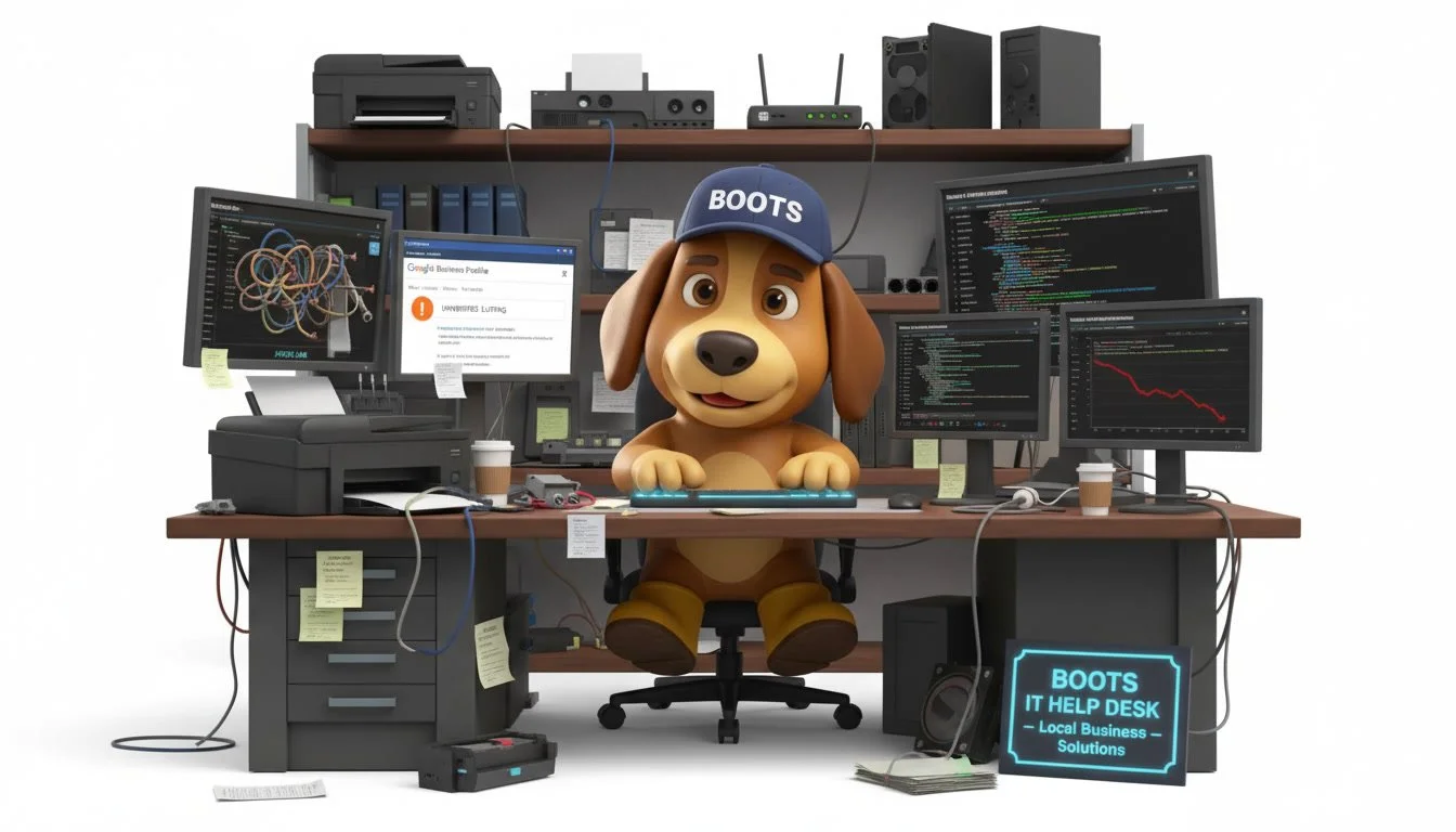 Animated dog in a cluttered, busy office workspace with multiple computer monitors displaying complex code and graphs, a sign reading "BOOTS IT HELP DESK - Local Business Solutions," and an office chair, surrounded by various office equipment and sticky notes.