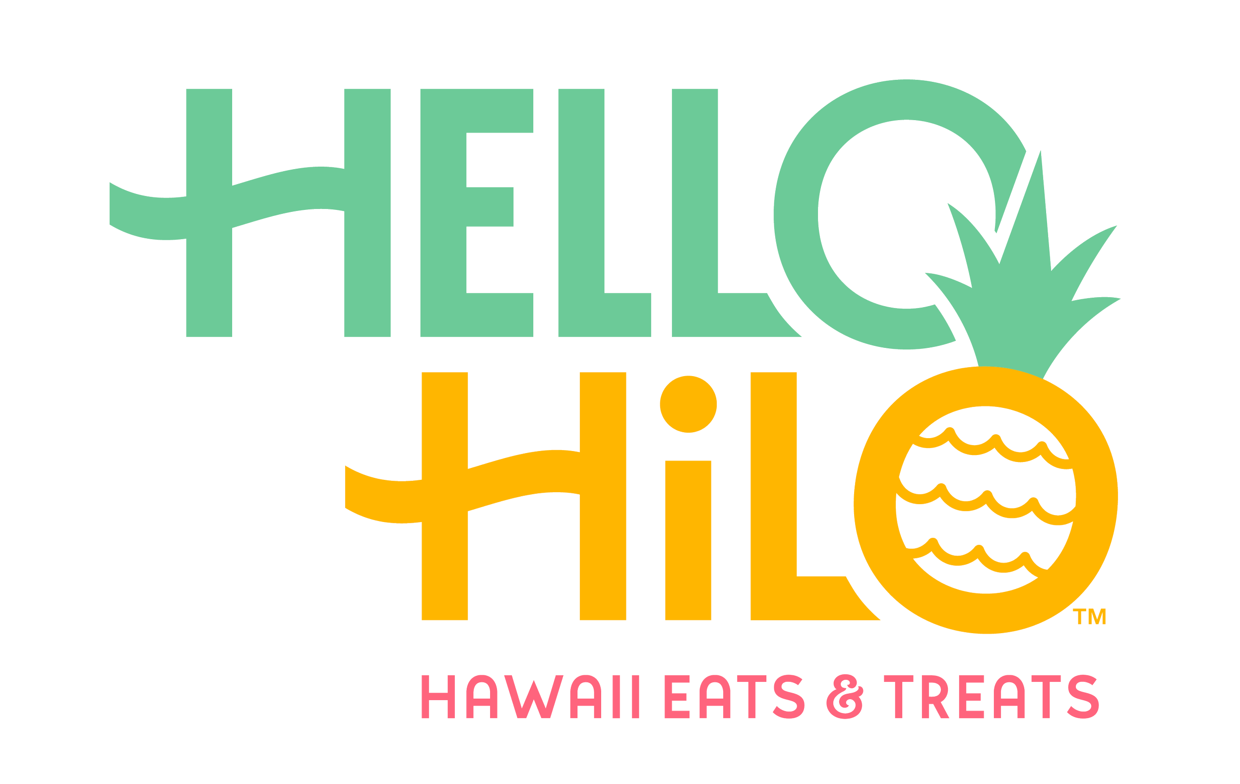 Logo for Hello Hawaii featuring the words 'HELLO' in green and 'HILO' in yellow with a pineapple image, and the tagline 'HAWAII EATS & TREATS' in pink.