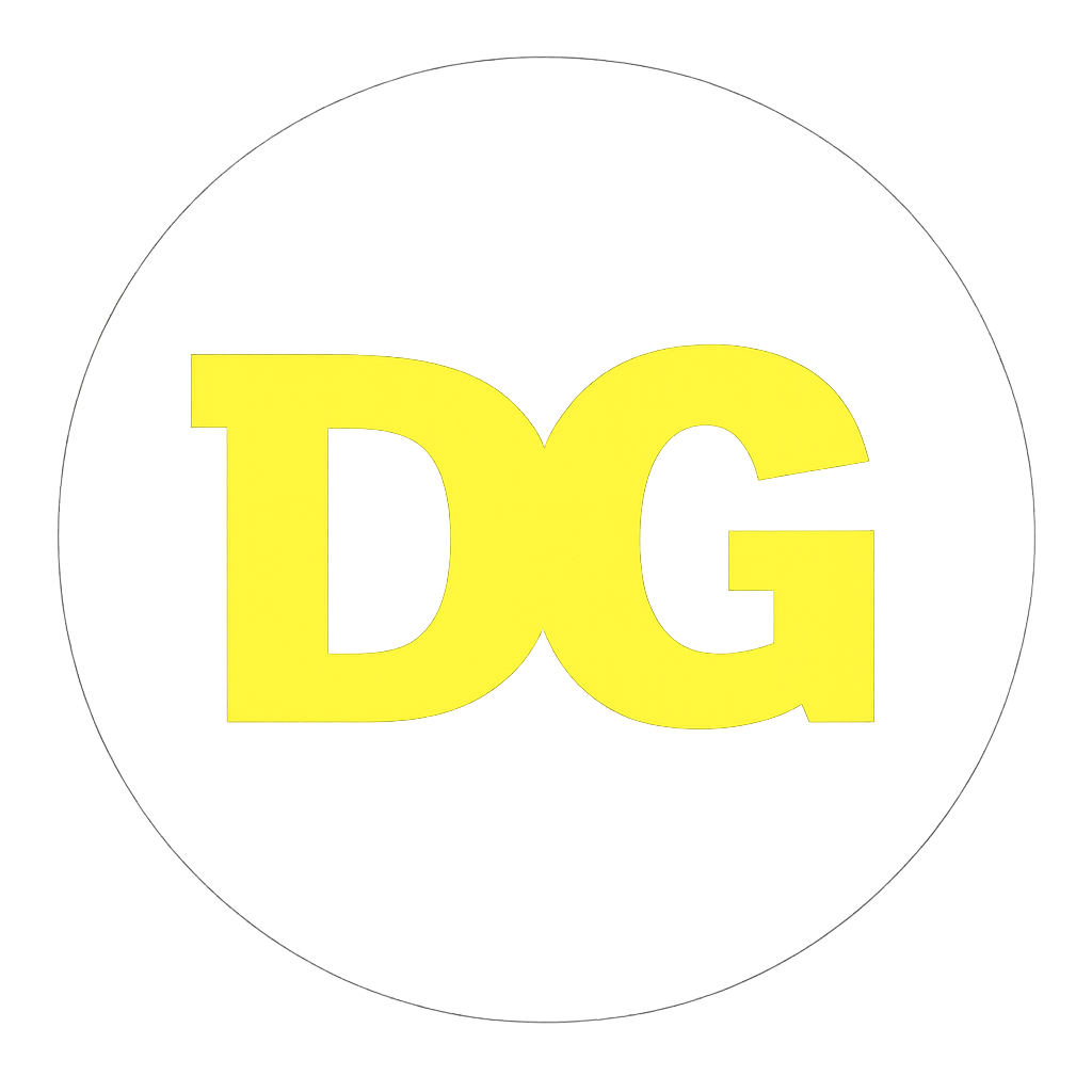 Black circular logo with large yellow letters spelling "DG" centered in the circle.