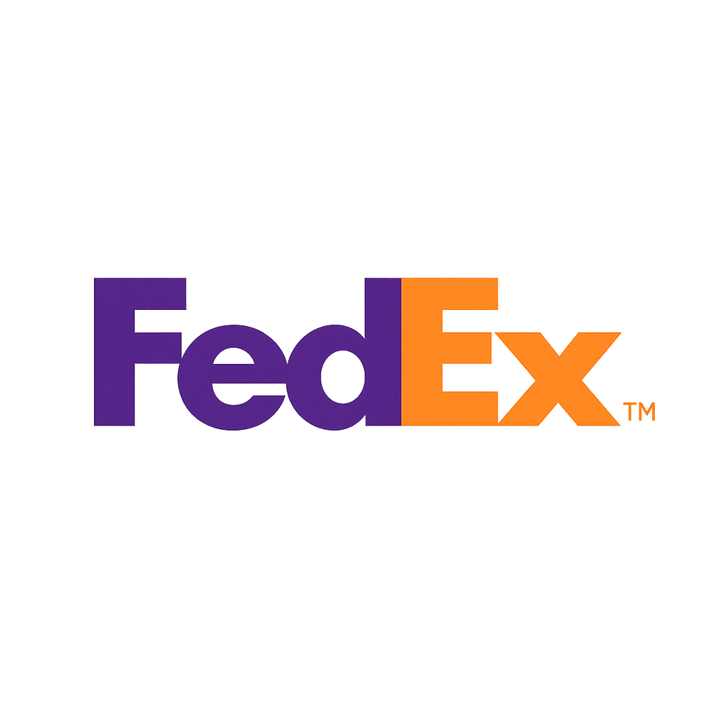 FedEx logo with purple and orange colors on a black background.