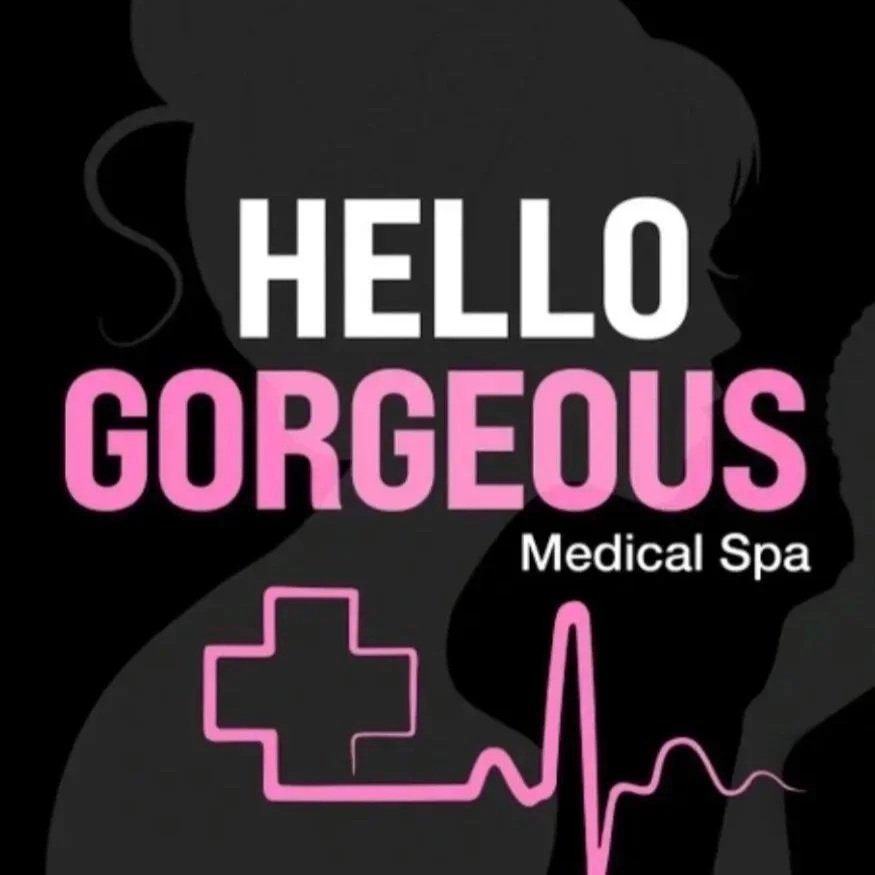 Silhouette of a woman with hair tied up, with text that says 'Hello Gorgous' and 'Medical Spa', plus a pink medical cross and heartbeat line.