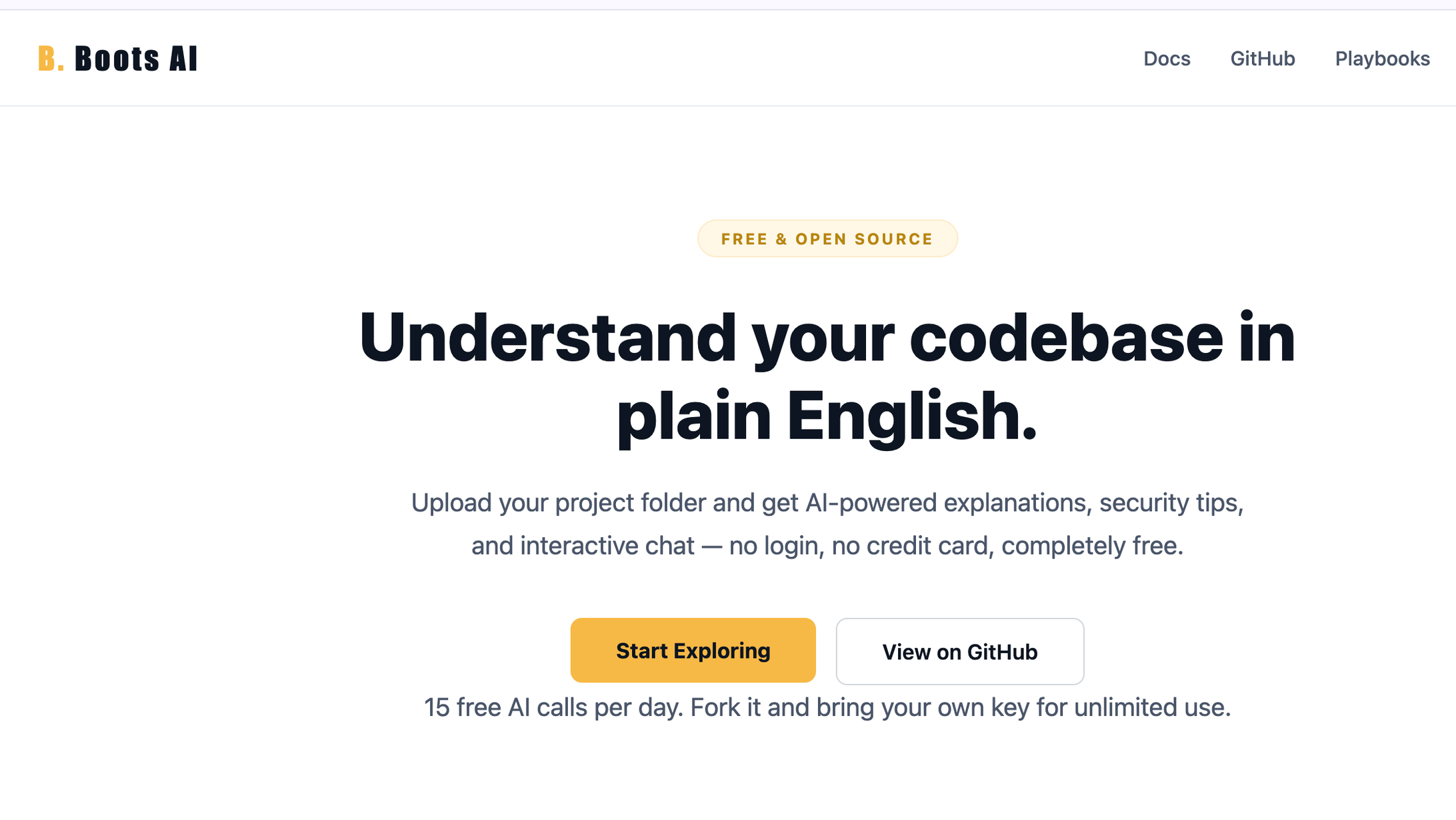 Screenshot of Boots AI website homepage with headline 'Understand your codebase in plain English.' and options to 'Start Exploring' or 'View on GitHub'.