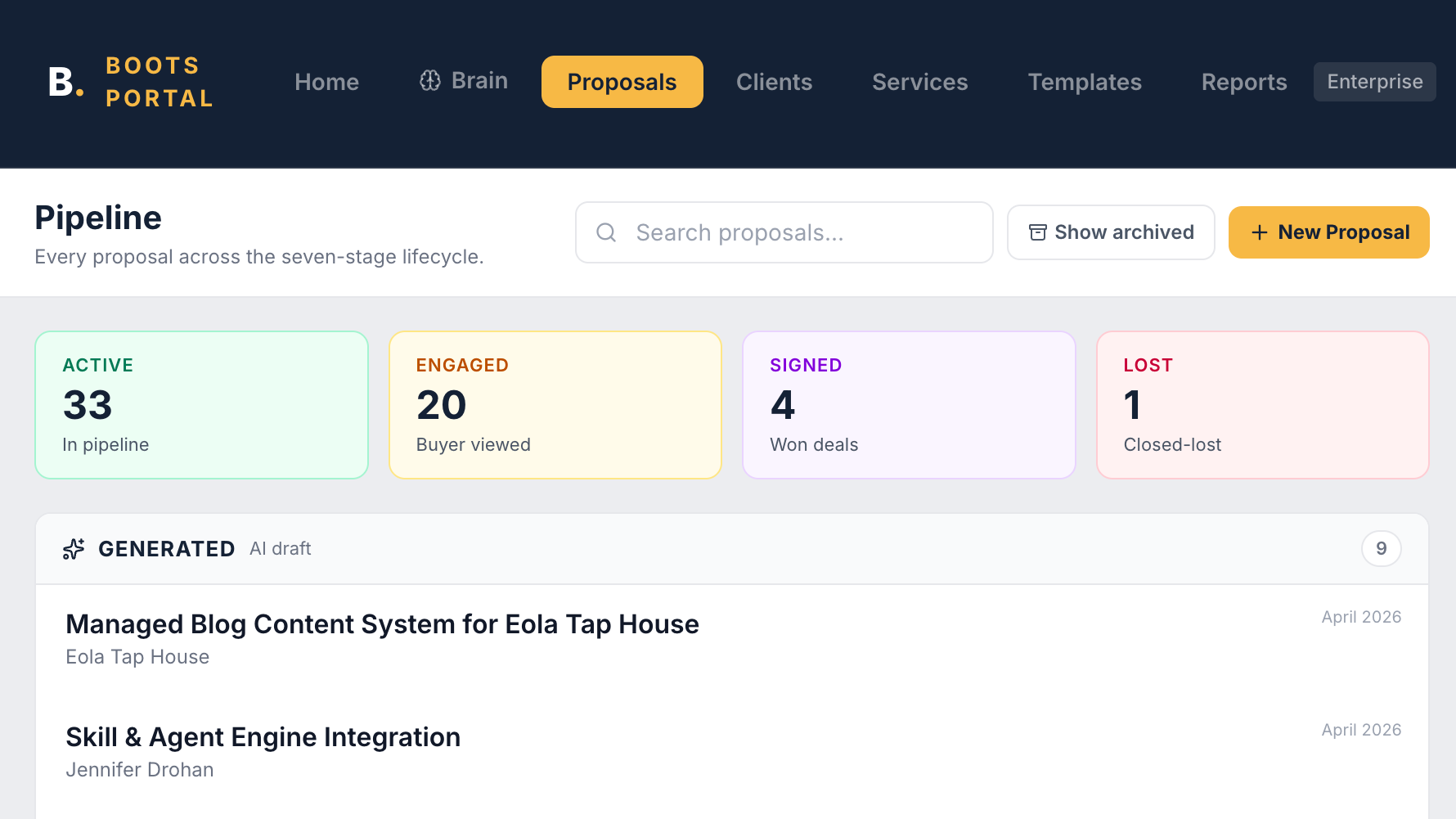 Screenshot of a proposal management platform called Boots Portal with a navigation menu, proposal pipeline status, and list of proposals including titles and authors.