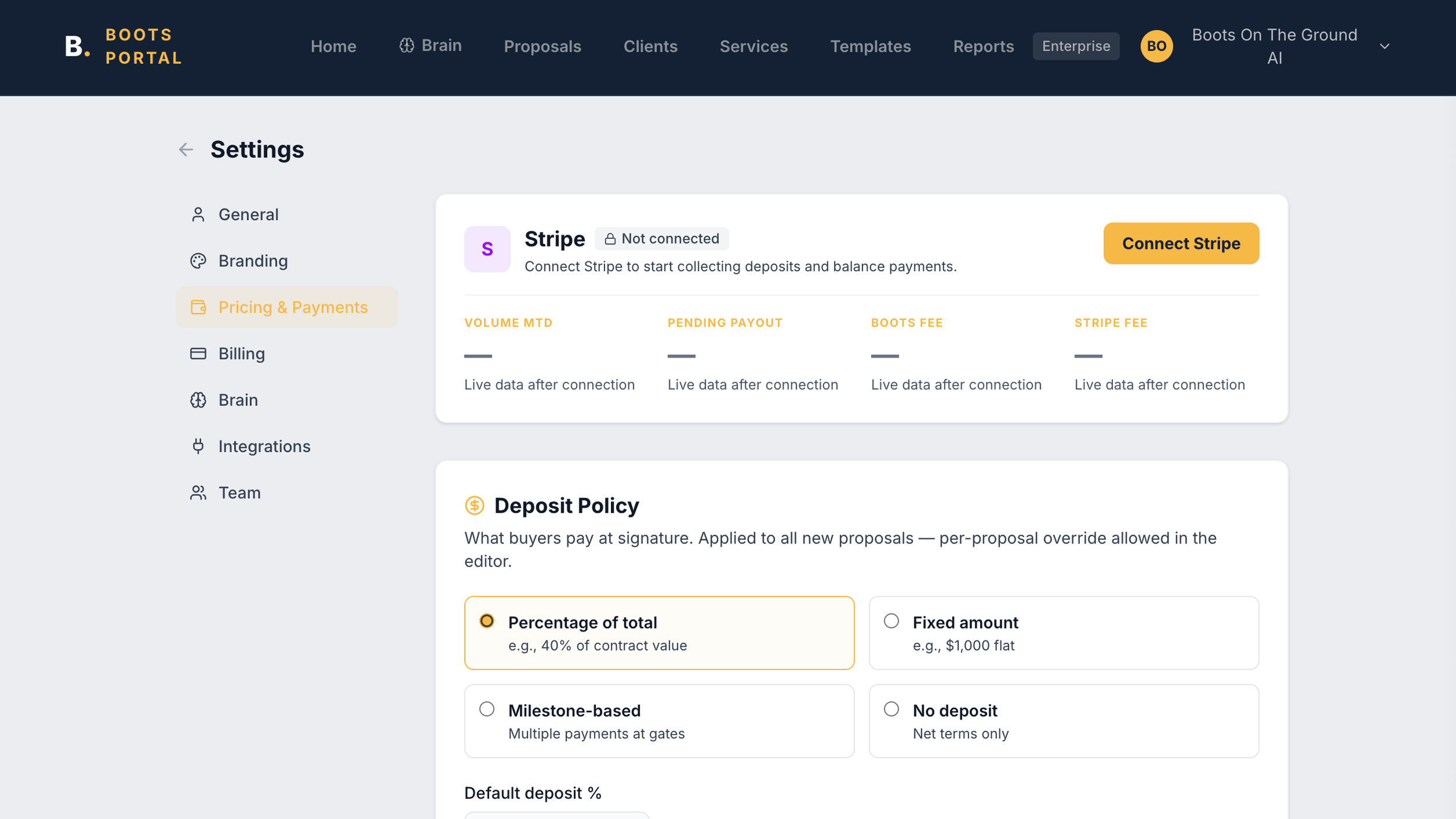 Boots AI dashboard showing integrated Stripe payments and automated subscription billing setup.