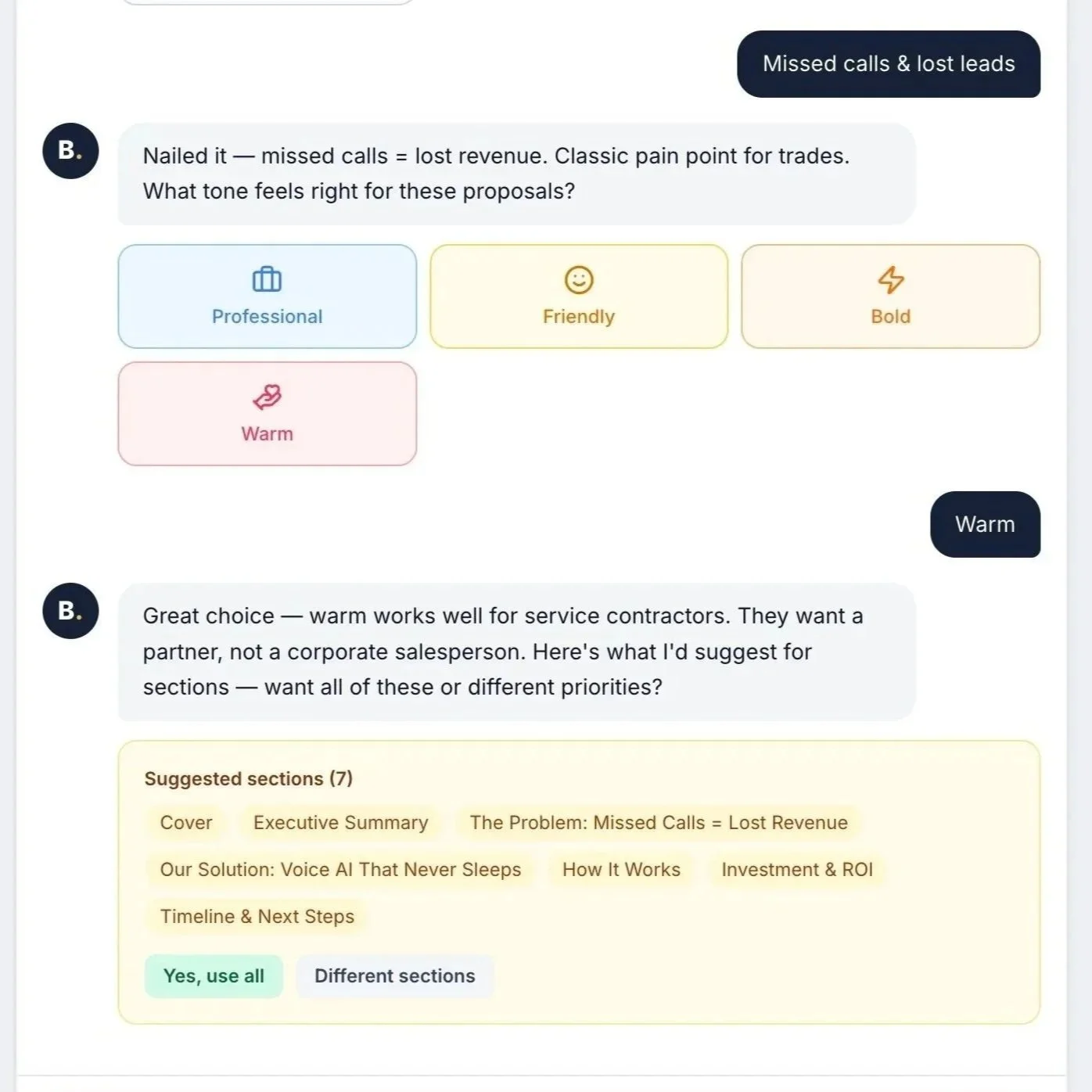 Conversational AI Proposals with an intelligence layer 
