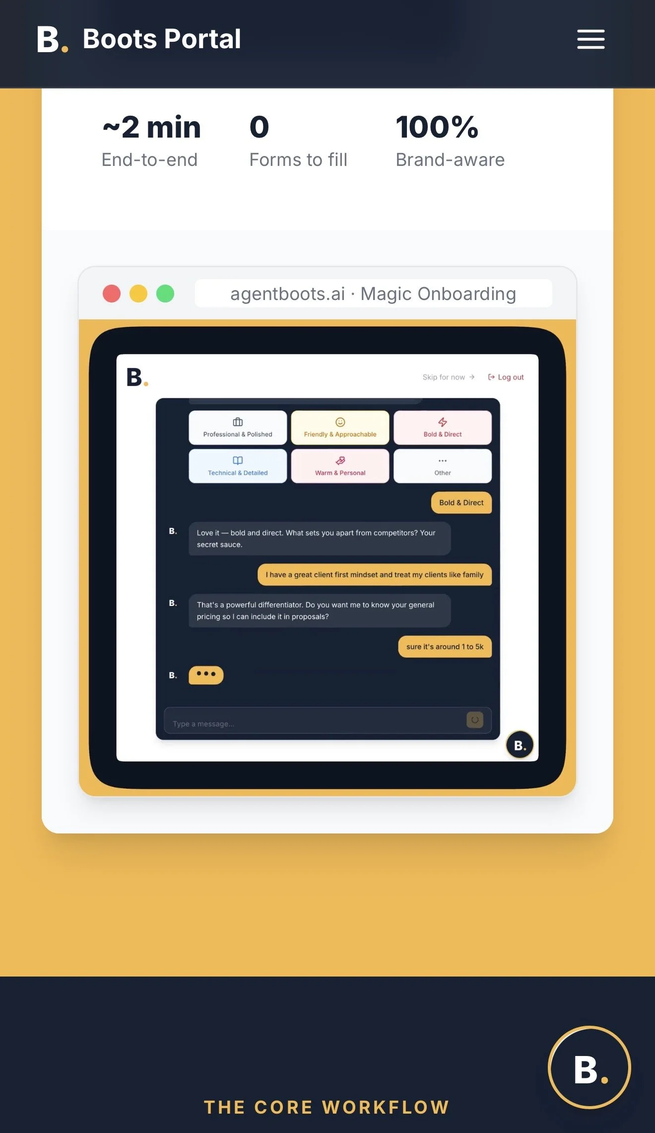 Website screenshot titled "Boots Portal," showing a launch page with a yellow and dark blue color scheme. The page highlights that the onboarding process takes approximately two minutes, requires zero forms, and is 100% brand-aware. Below the header,