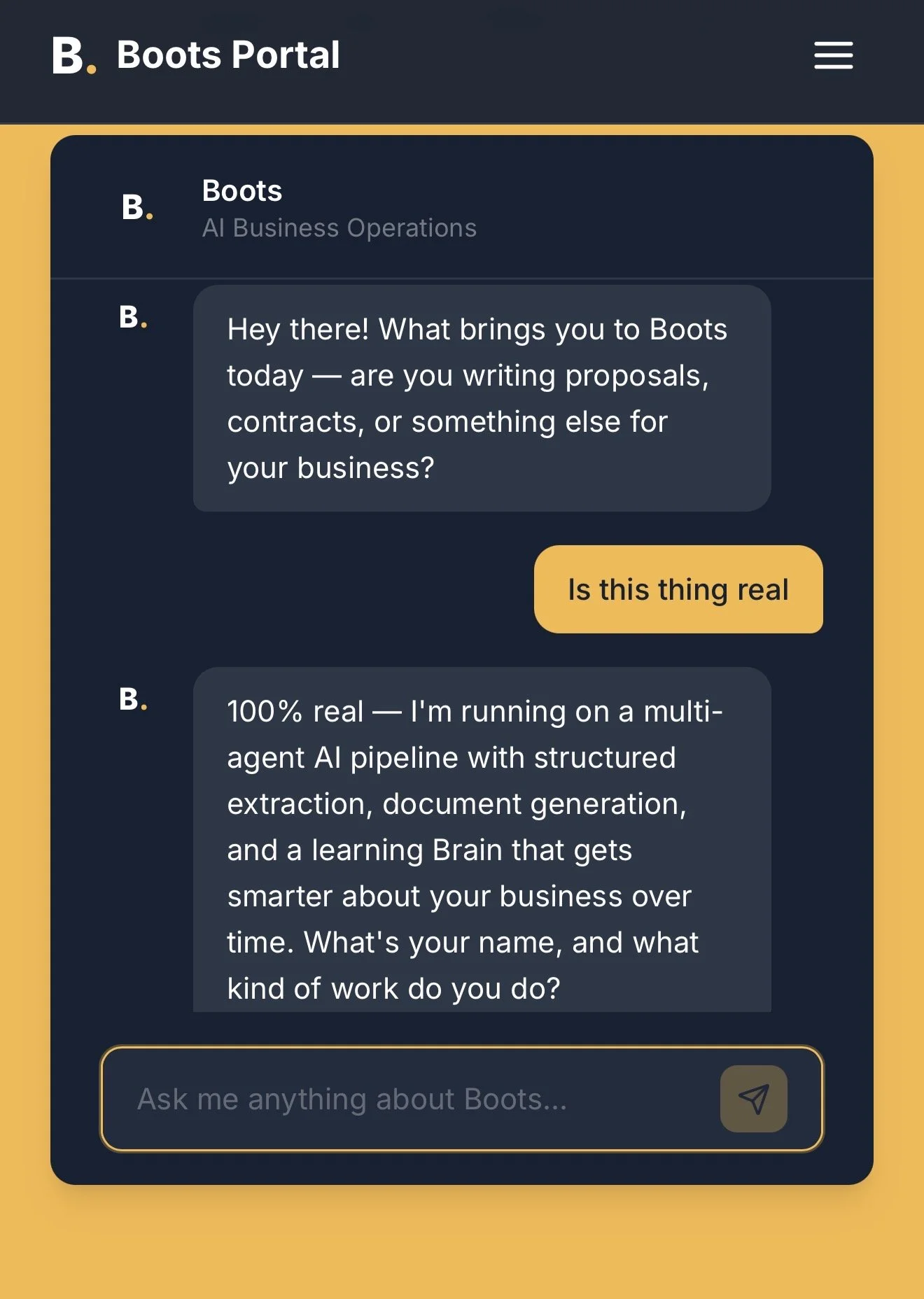 Screenshot of a chatbot conversation about Boots, discussing proposals, contracts, and AI-driven document processing.