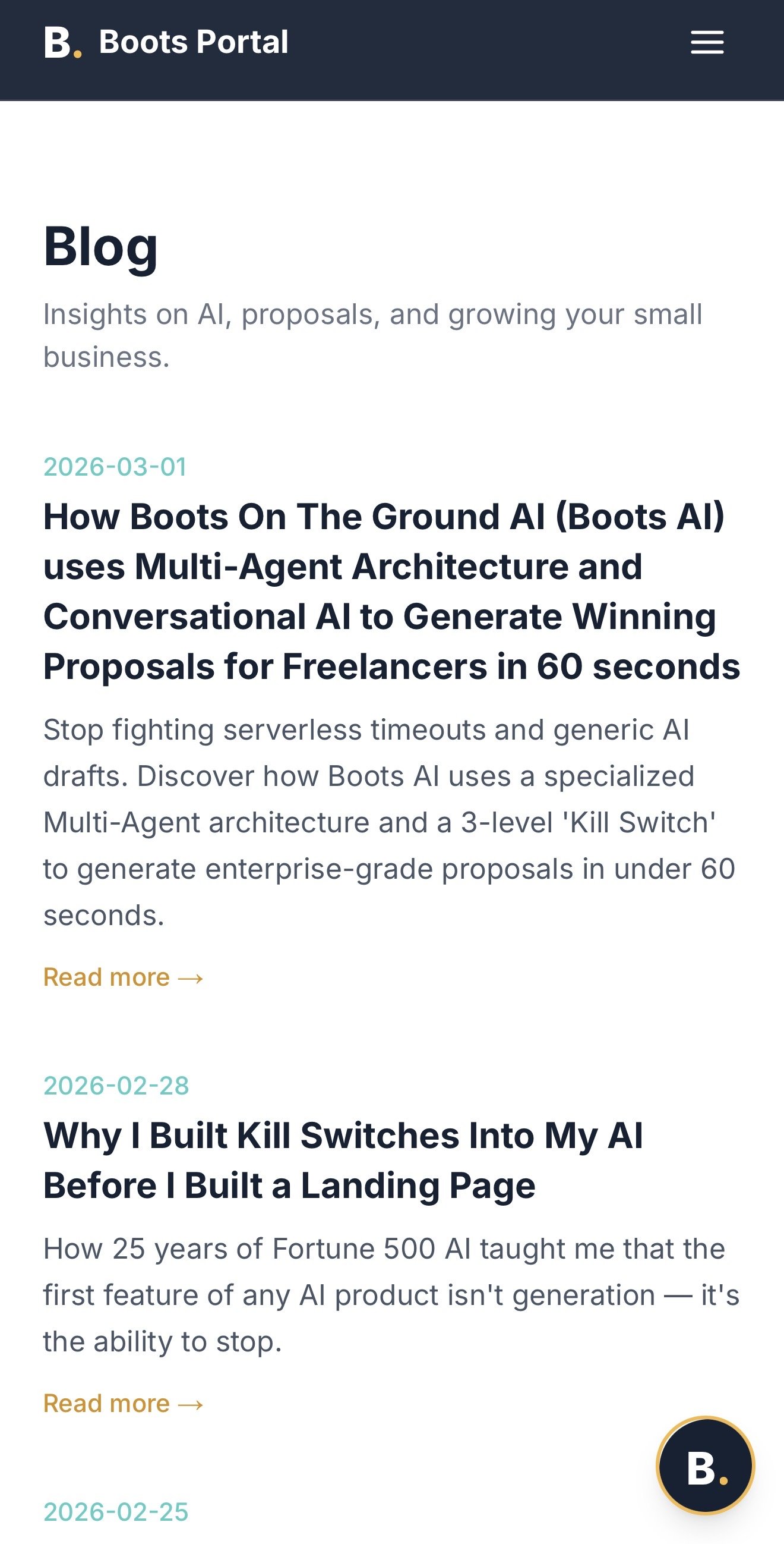 Screenshot of the Boots Portal blog page featuring articles about AI, proposals, and small business growth. The page displays a blog post titled 'How Boots On The Ground AI (Boots AI) uses Multi-Agent Architecture and Conversational AI to Generate Wi