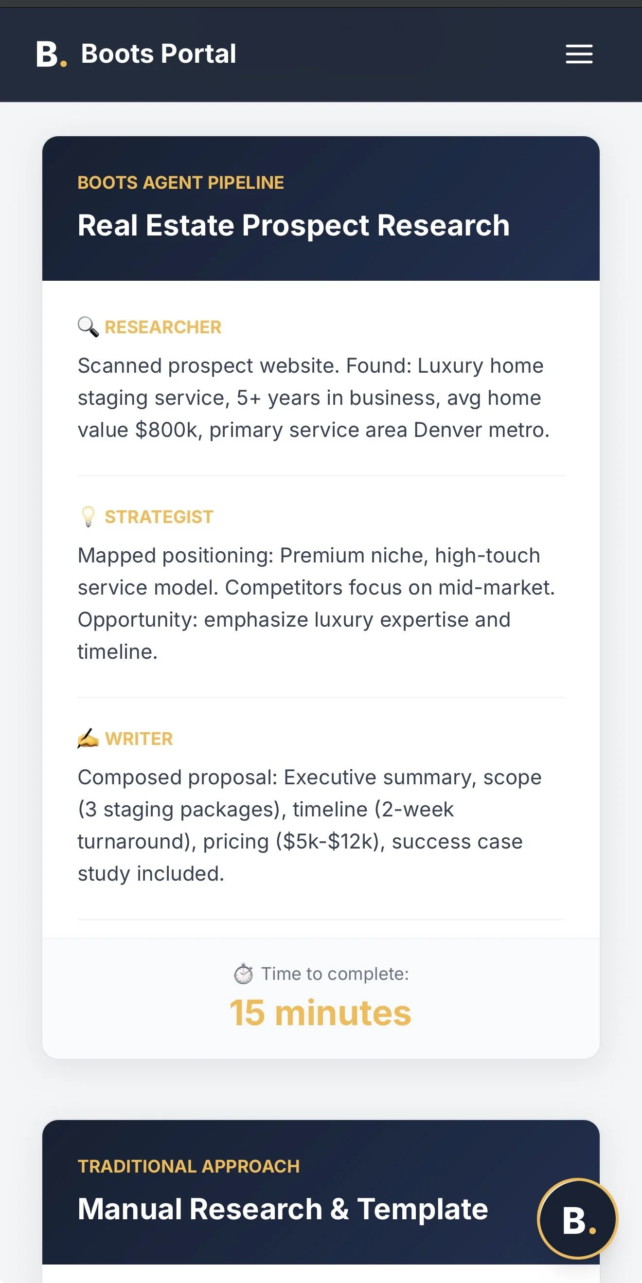 Screenshot of a webpage titled 'Boots Portal' showing a real estate prospect research pipeline with sections for researcher, strategist, and writer, and an estimated time to complete of 15 minutes.