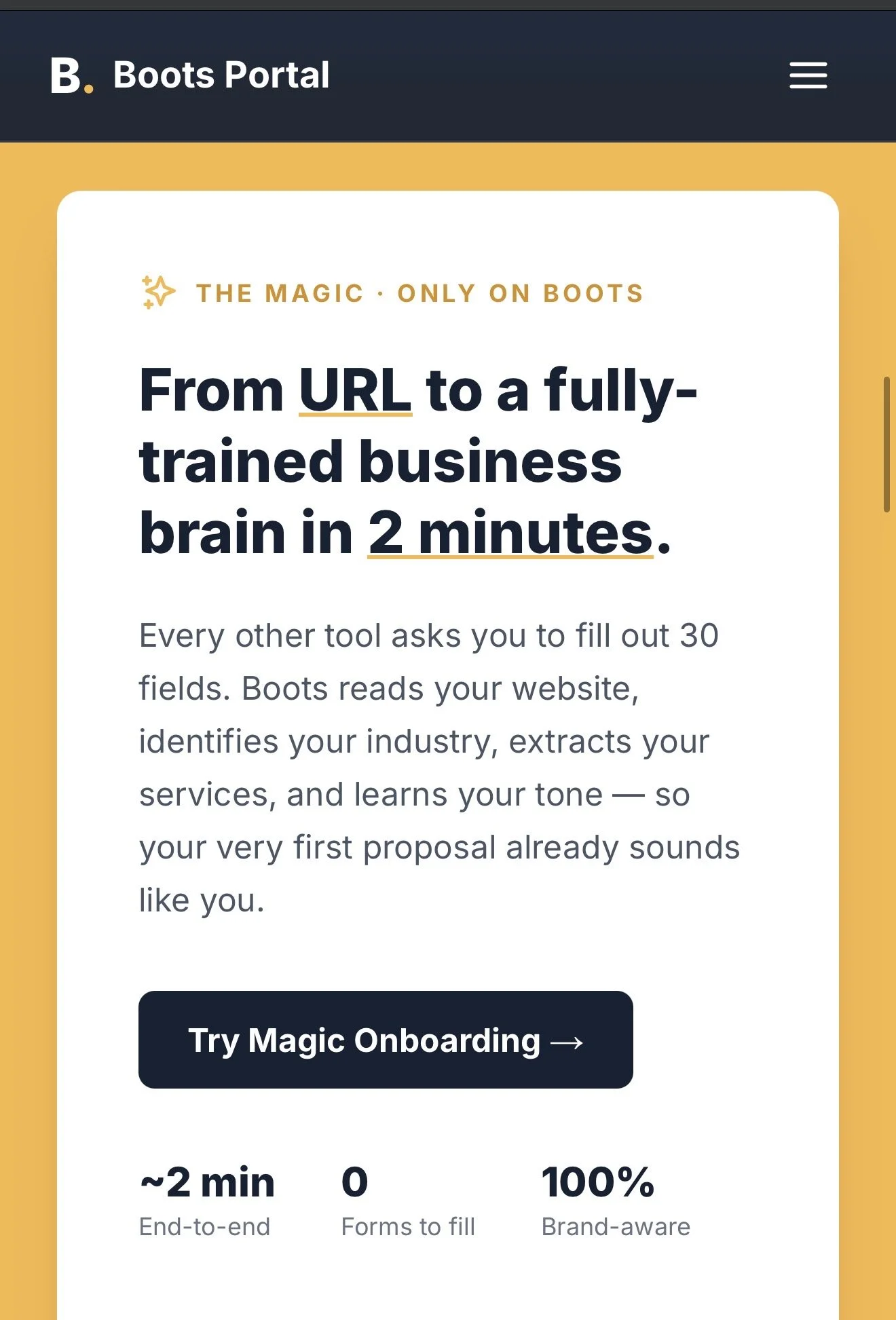 Screenshot of a mobile webpage for Boots Portal, featuring a header with the Boots logo, a title 'The Magic · Only on Boots', and a main section with a headline 'From URL to a fully-trained business brain in 2 minutes.' The webpage has a dark navy an