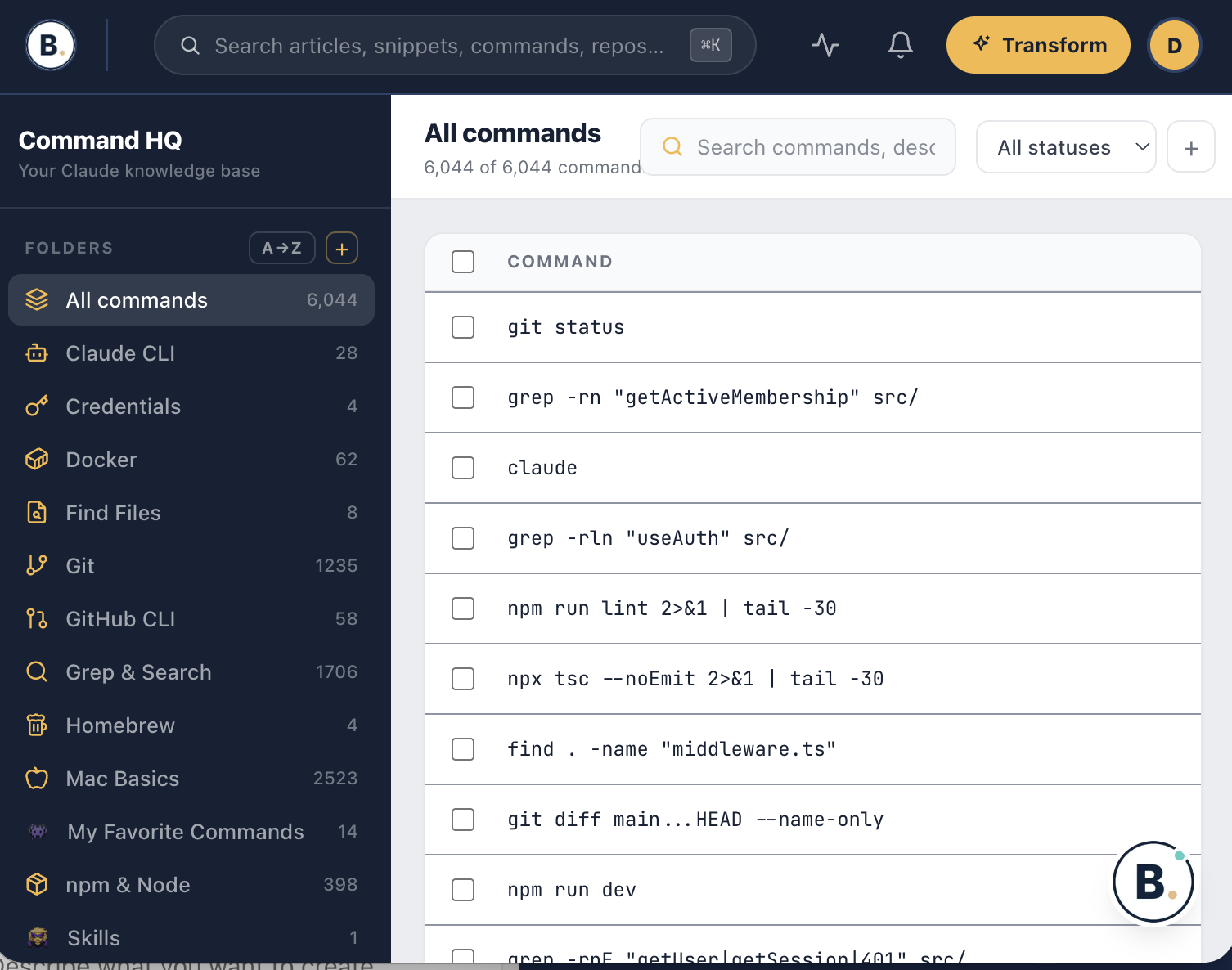 Screenshot of Command HQ interface showing a list of commands related to Git and software development, with folders on the left and command list on the right.