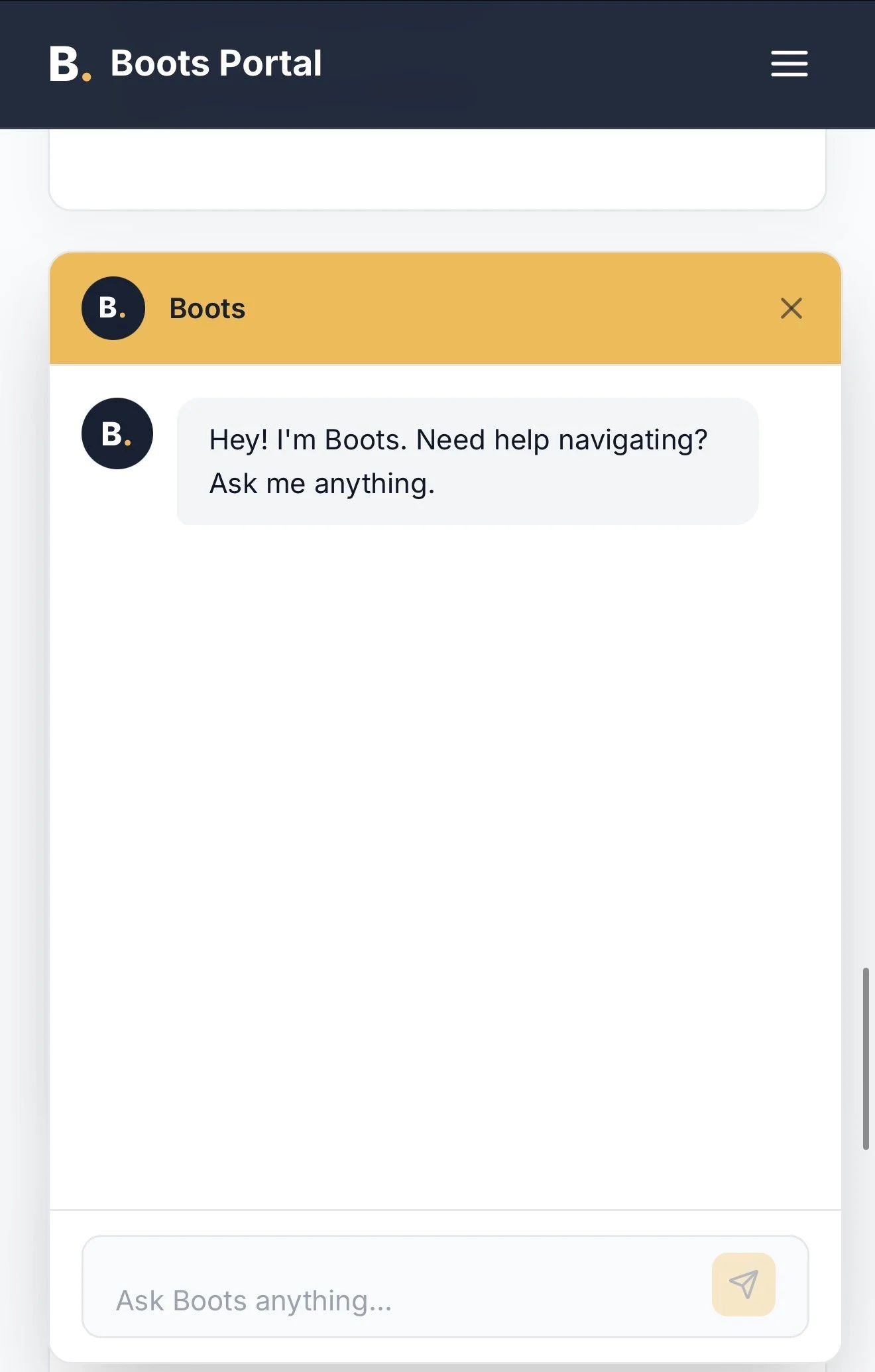 Screenshot of a mobile webpage titled 'Boots Portal'. A chat interface features a message from Boots saying, 'Hey! I'm Boots. Need help navigating? Ask me anything.' There is a text input box at the bottom with placeholder text 'Ask Boots anything...