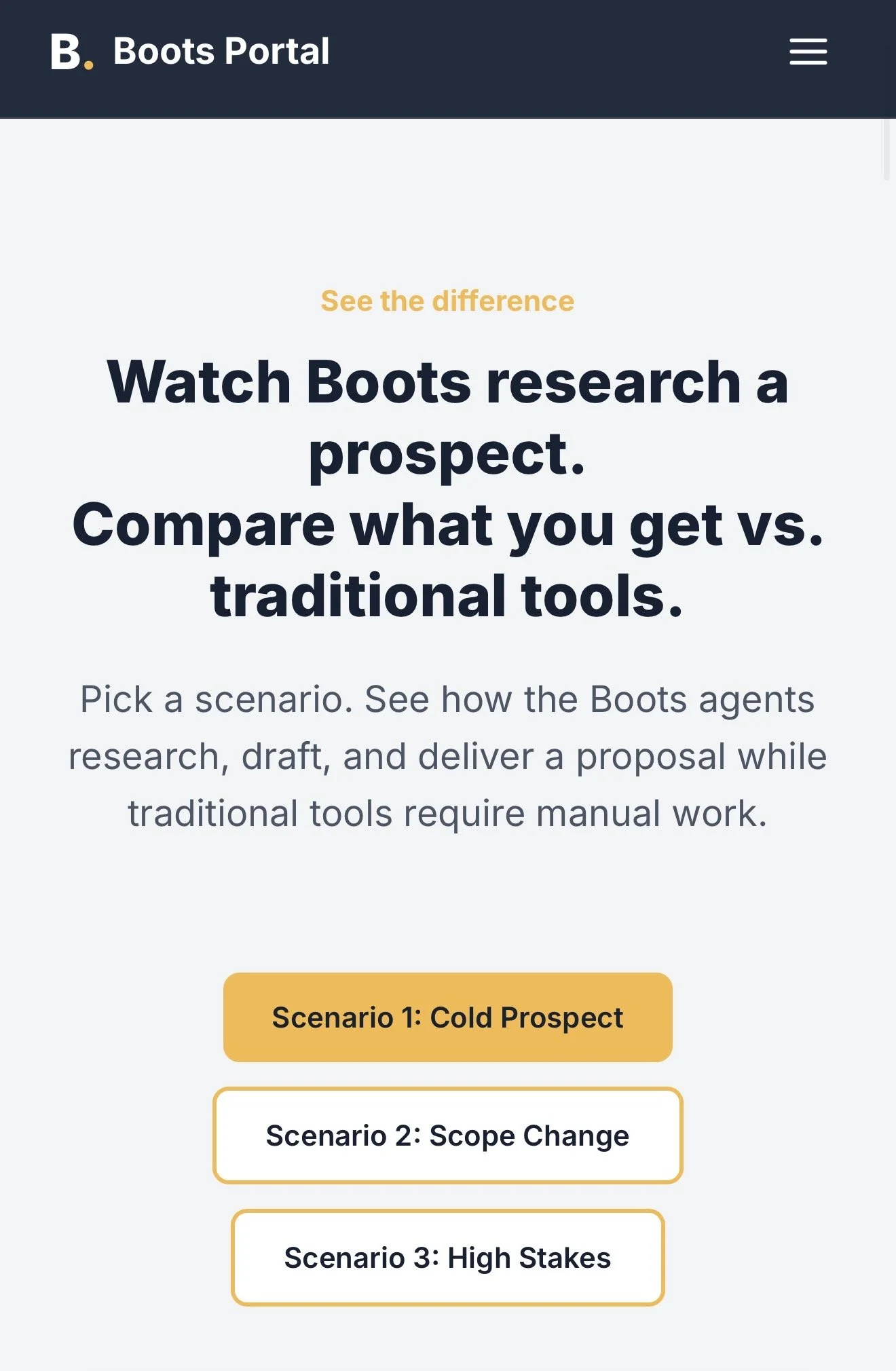 Screenshot of a website called Boots Portal with a header and menu icon, showing a main section titled "Watch Boots research a prospect. Compare what you get vs. traditional tools." There are buttons labeled "Scenario 1: Cold Prospect," "Scenario 2: 