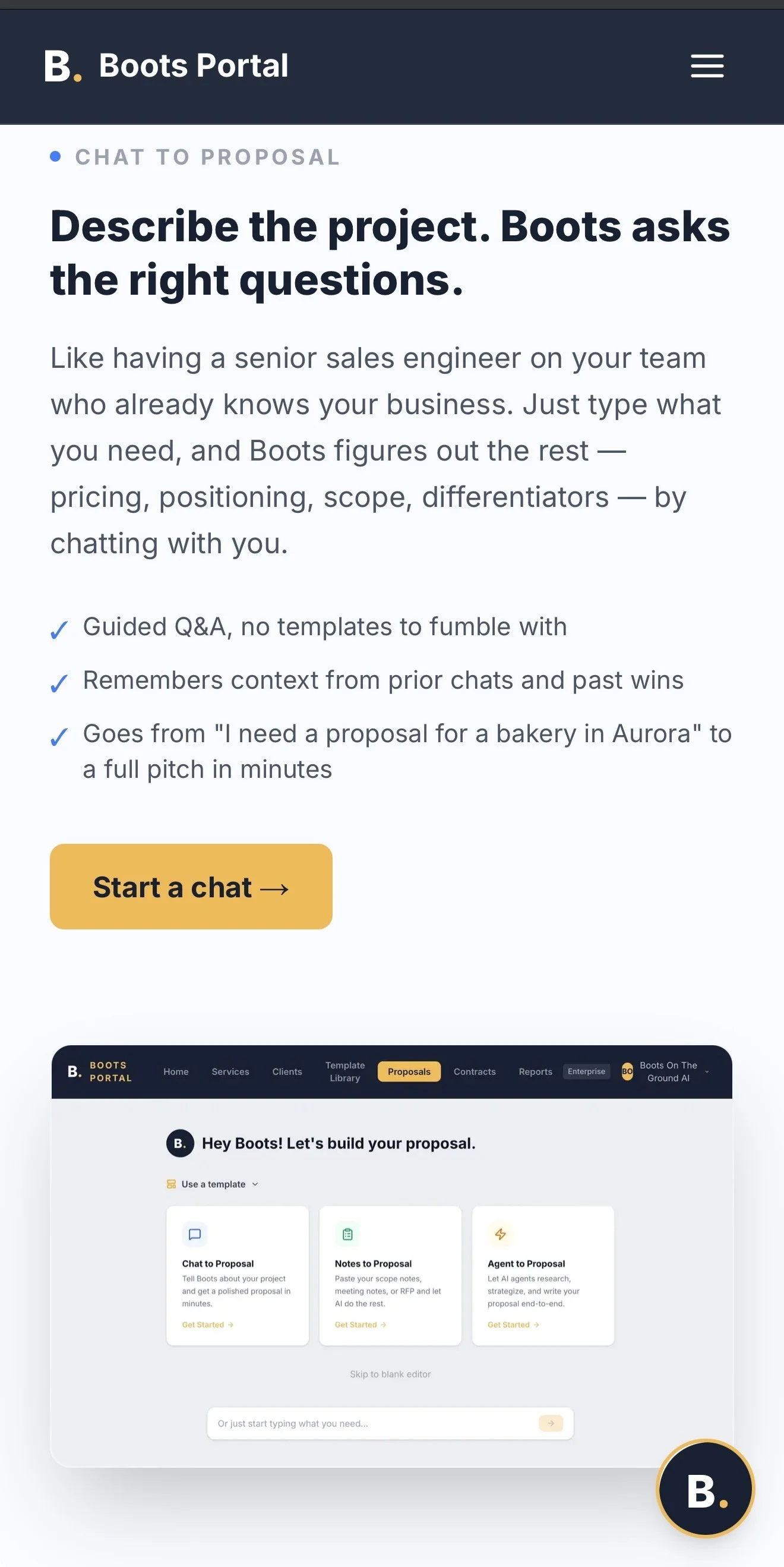 Screenshot of a website called Boots Portal displaying a section about chat to proposal, with a yellow button labeled 'Start a chat', and a navigation menu at the bottom including Home, Services, Clients, Template Library, Proposals, Contracts, Repor