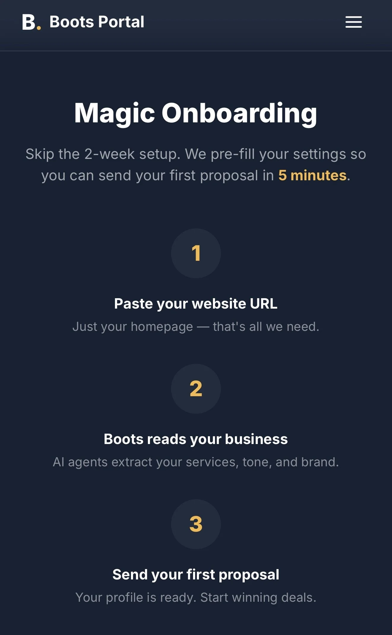 Screenshot of a mobile webpage titled 'Boots Portal' with the section 'Magic Onboarding.' The page outlines a quick 3-step process: 1. Paste your website URL, 2. Boots reads your business, and 3. Send your first proposal. The design features a dark b