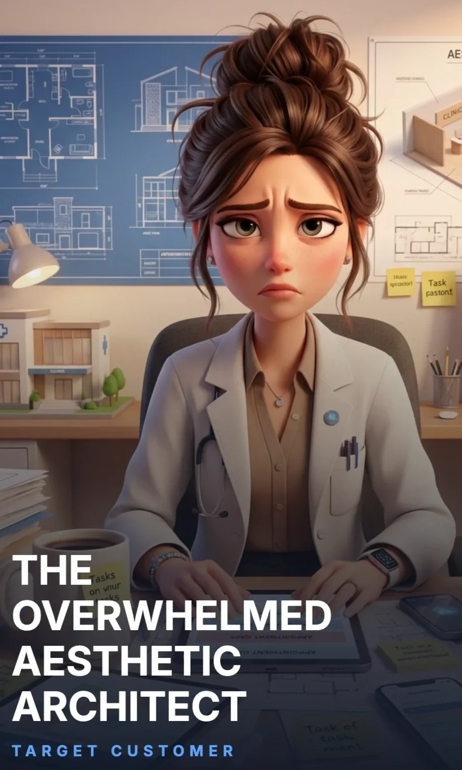 Animated woman with brown hair styled in a messy bun sitting at a desk with architectural plans and models, looking overwhelmed in an office setting.