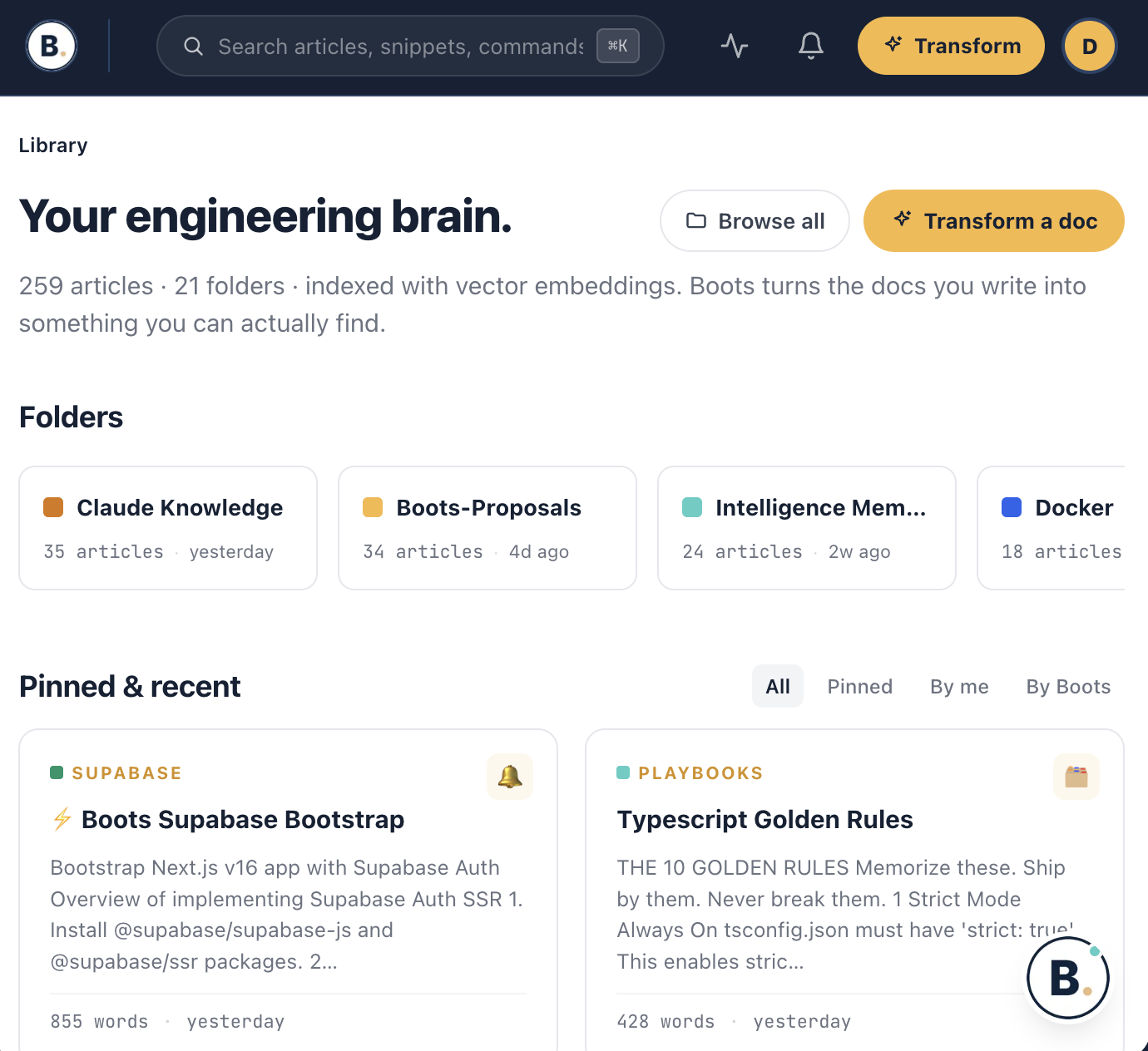 Screenshot of a website titled 'Your engineering brain' showing folders for different projects, including 'Claude Knowledge,' 'Boots-Proposals,' 'Intelligence Mem,' and 'Docker,' with recent pinned articles such as 'Boots Supabase Bootstrap' and 'Typ