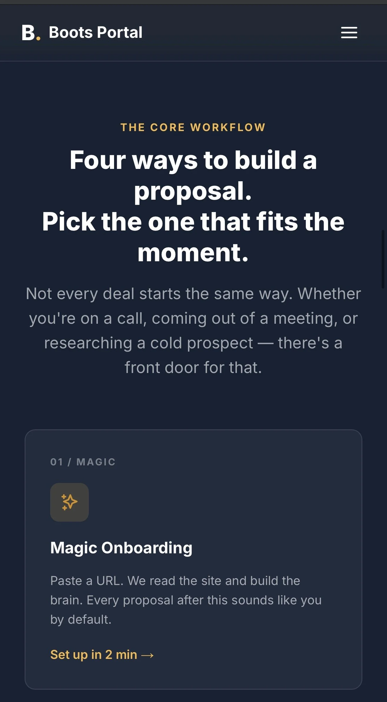 Screenshot of a website called Boots Portal with a section titled "The Core Workflow" explaining four ways to build a proposal, including Magic Onboarding, with a dark themed background and white and yellow text.