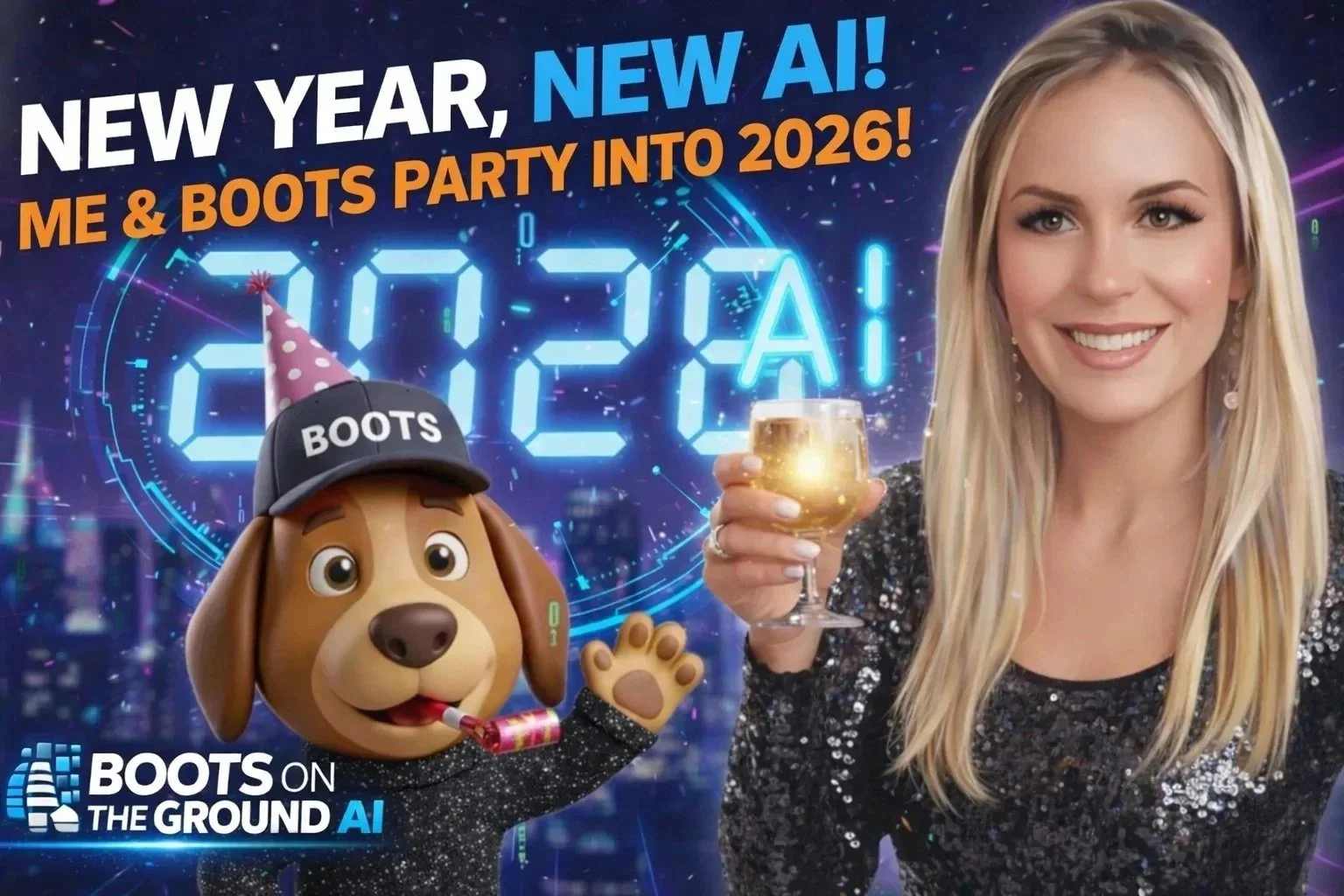 Celebratory New Year's Eve scene with a woman smiling and holding a glass of champagne, and an animated dog wearing a party hat and a speaker hat with 'BOOTS' written on it. The background features a digital clock showing midnight and fireworks, with text announcing a New Year's Eve party celebration into 2026.