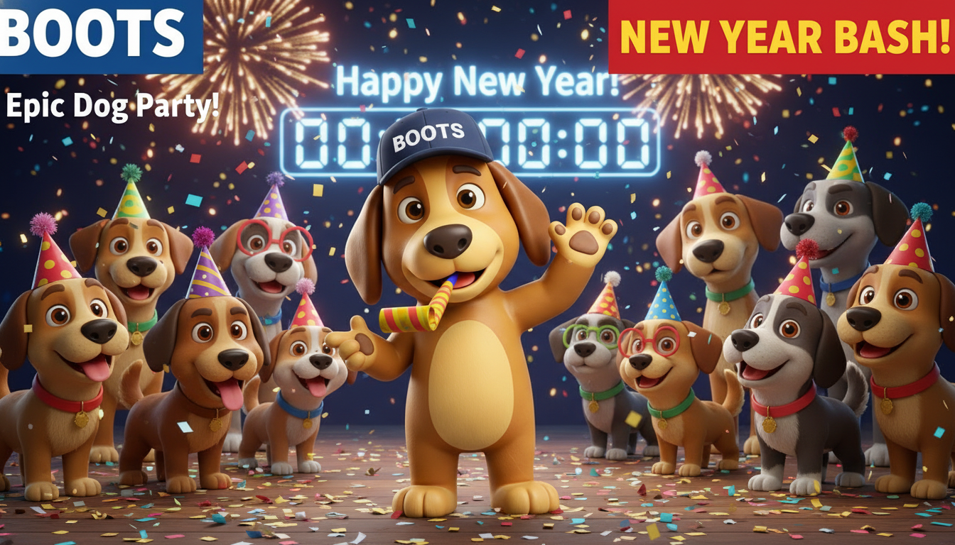 Animated scene with multiple dogs wearing party hats and glasses, celebrating New Year's Eve with confetti, fireworks, and a digital countdown timer in the background. One dog in the center is wearing a hat labeled 'BOOTS' and holding a party horn.