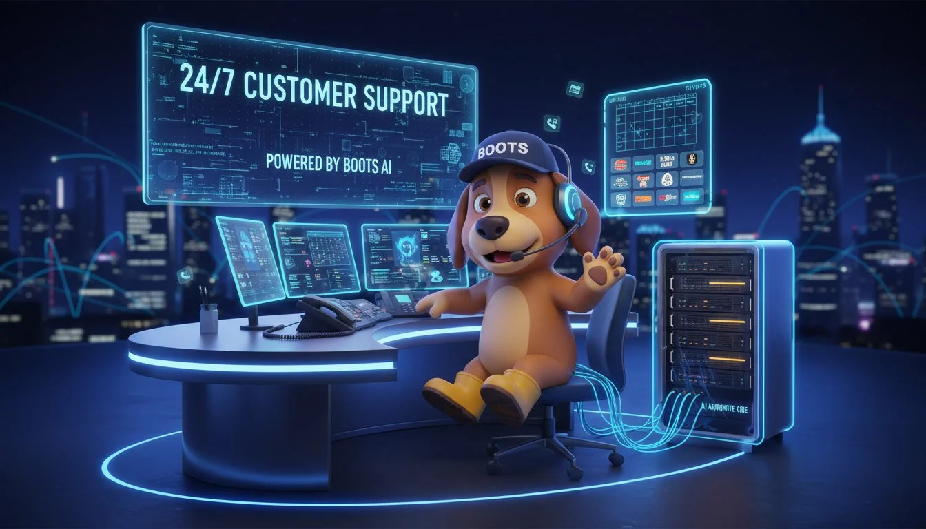 Animated dog mascot wearing a headset and cap sitting at a support desk with multiple computer screens, surrounded by futuristic digital graphics, indicating 24/7 customer support powered by AI and bots.
