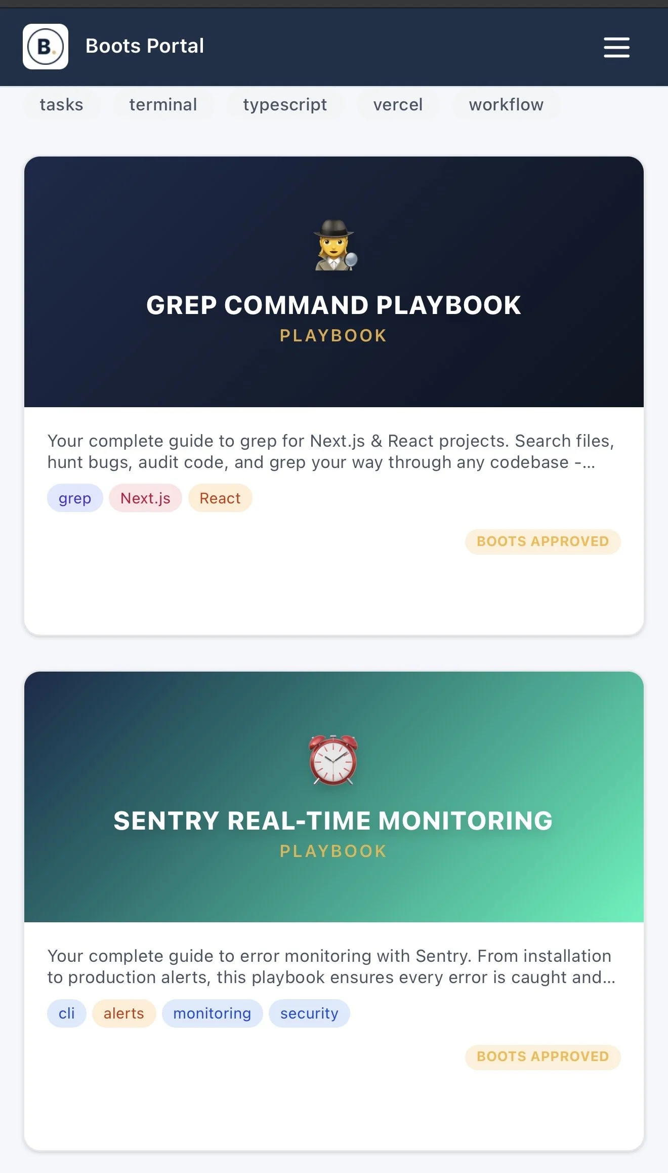 Screenshot of a website called Boots Portal displaying two playbooks: 'Grep Command Playbook' and 'Sentry Real-Time Monitoring Playbook'. The Grep Command Playbook features tags 'grep', 'Next.js', and 'React', with a description about using grep for 